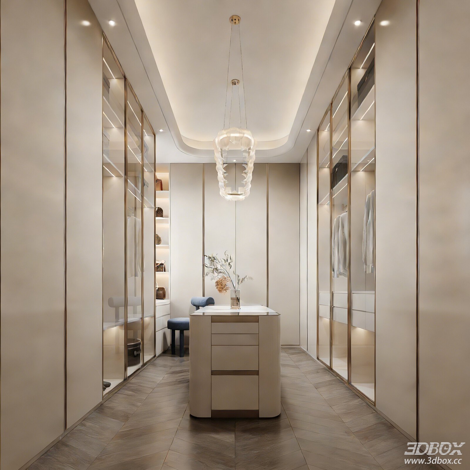 Modern Luxury Walk-in Dressing Room with Glass Wardrobe