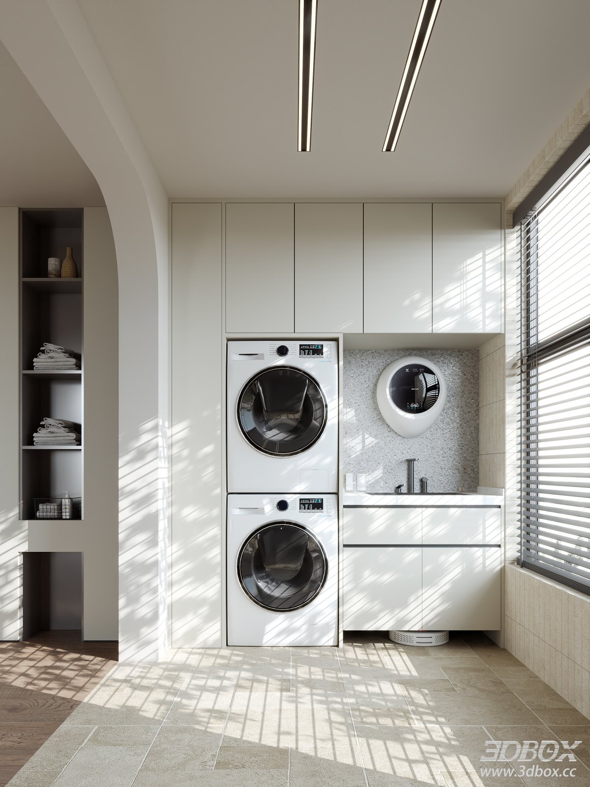 Modern Minimalist Laundry Balcony Scene with Stacked Washers