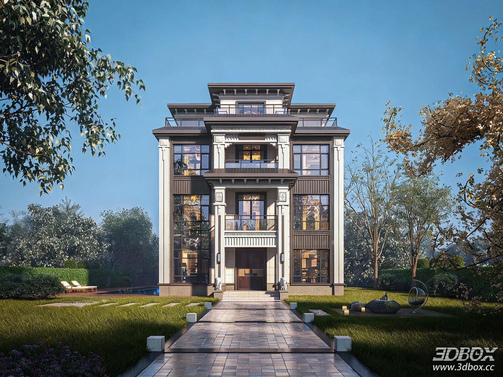 New Chinese Style Detached Villa Exterior Scene