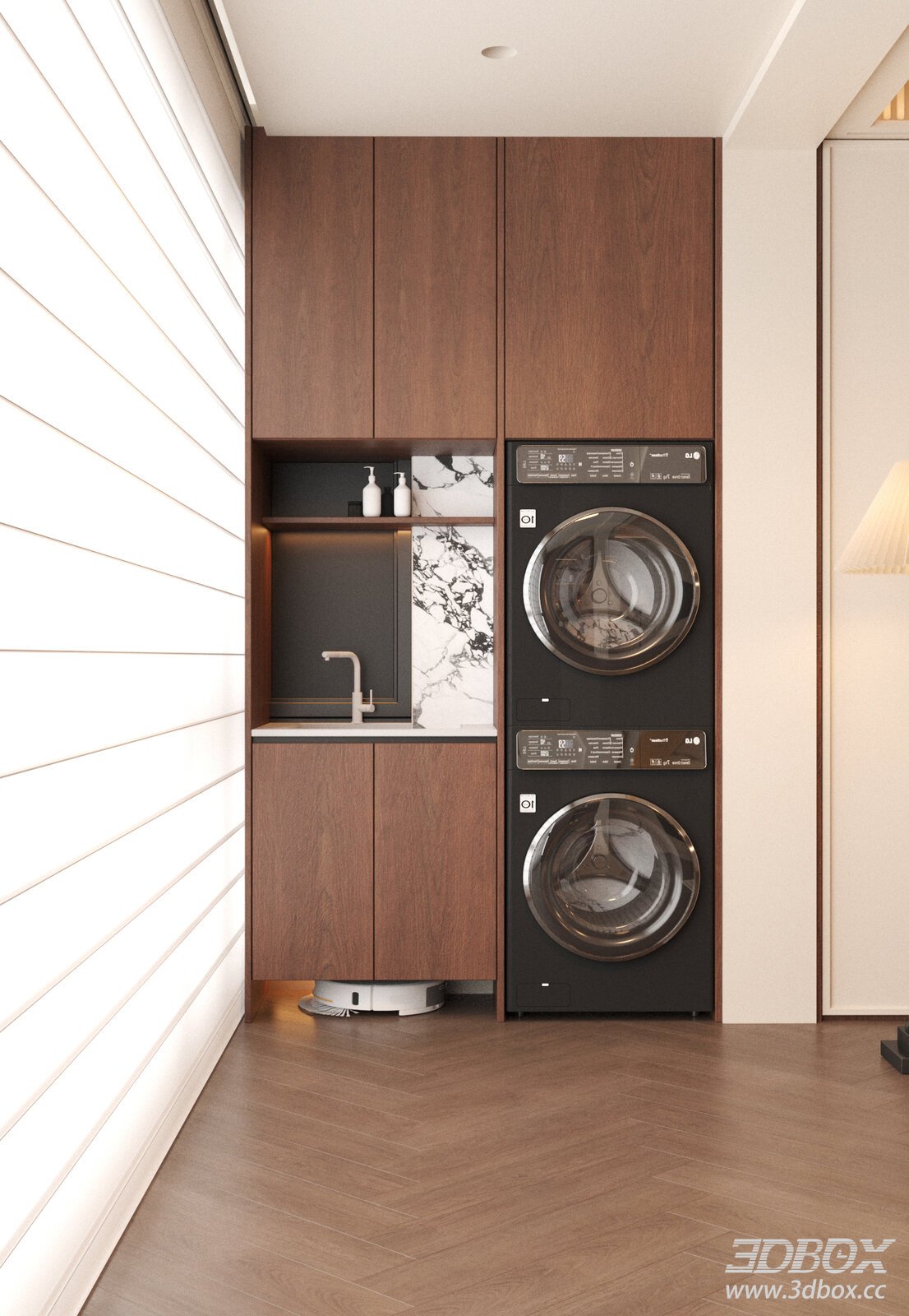 Mid Century Modern Laundry Balcony with Built-in Cabinet and Washers