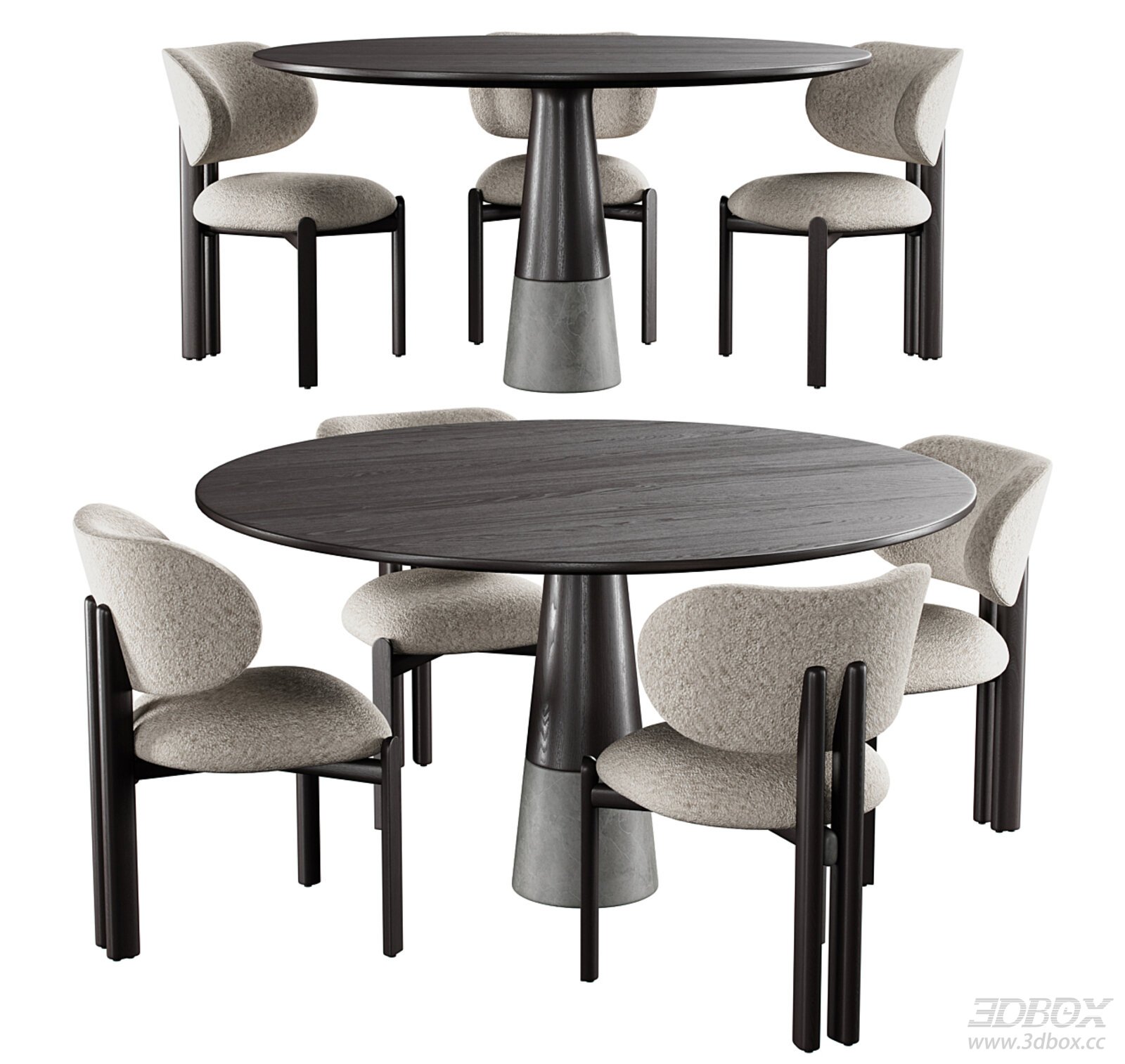 Mid Century Round Wooden Dining Table and Fabric Chair Set