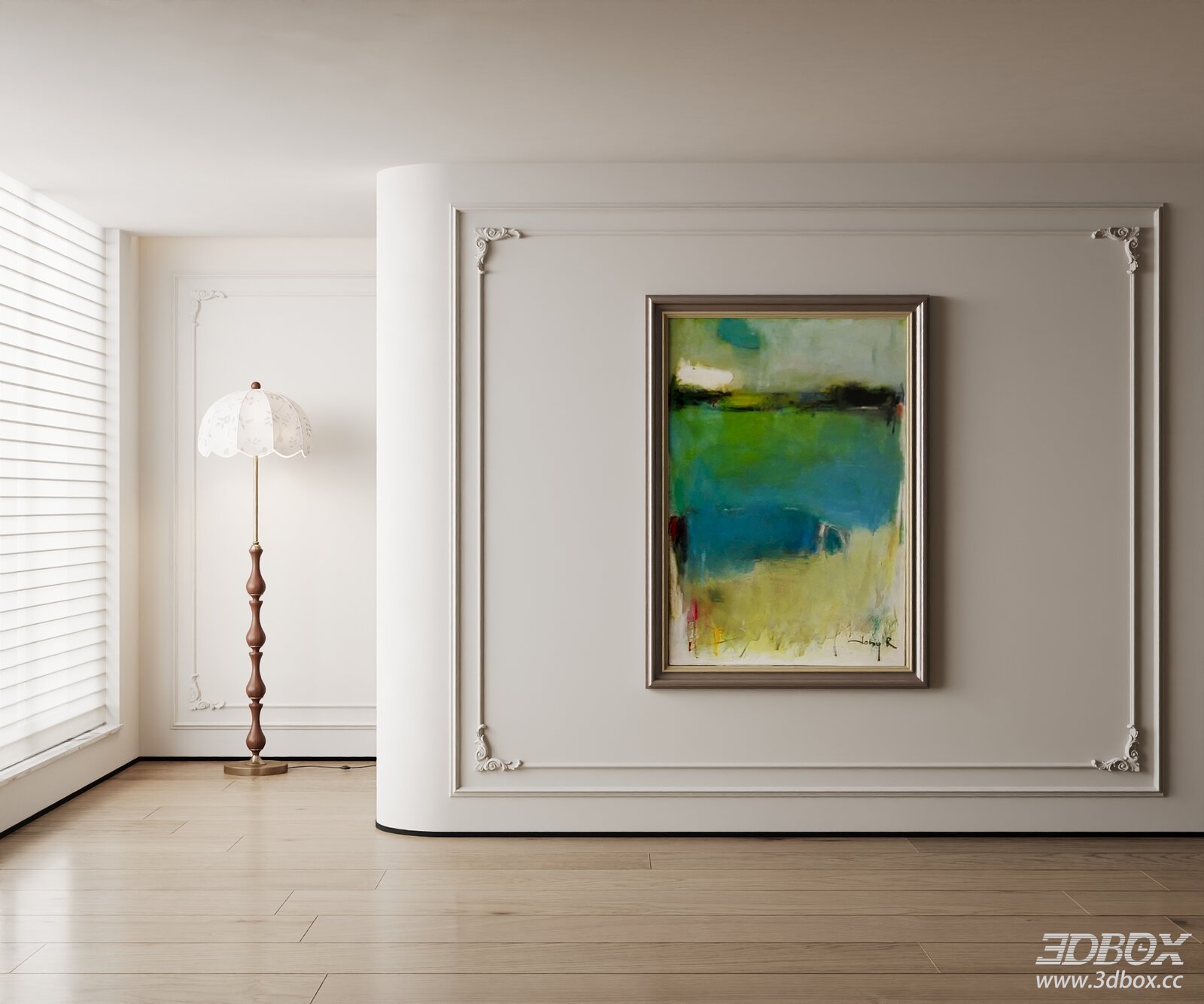 Modern Minimalist Carpet Scene With Floor Lamp And Abstract Painting