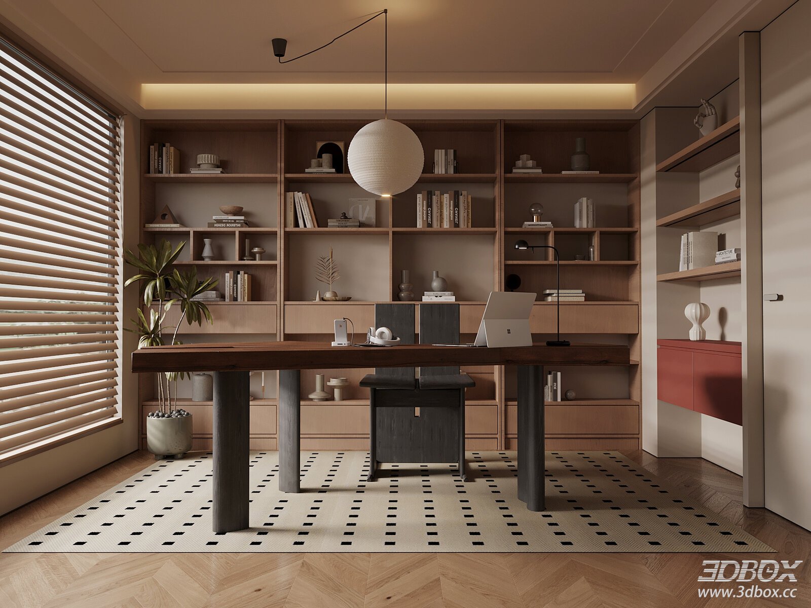 Mid-century Modern Work Room with Wooden Bookshelf and Desk