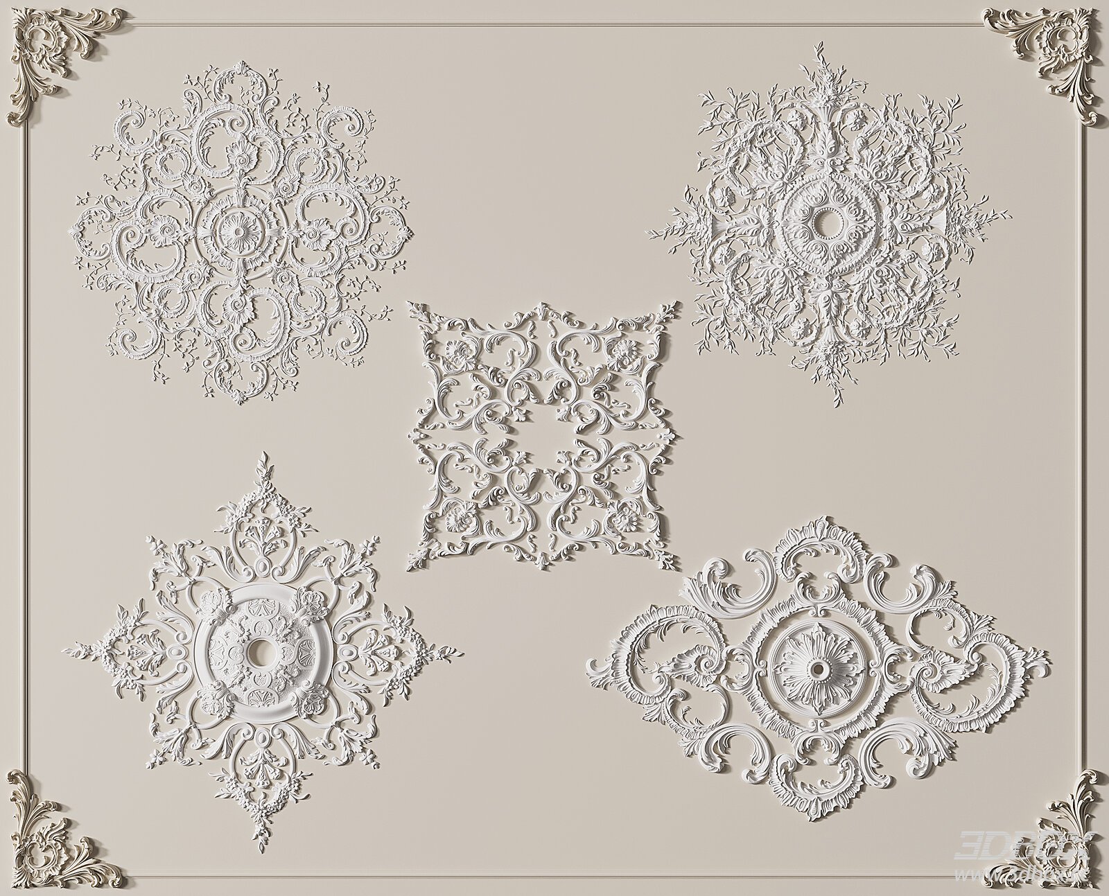 French Style Ornate Gypsum Decorative Plaster Ceiling Rosette Set