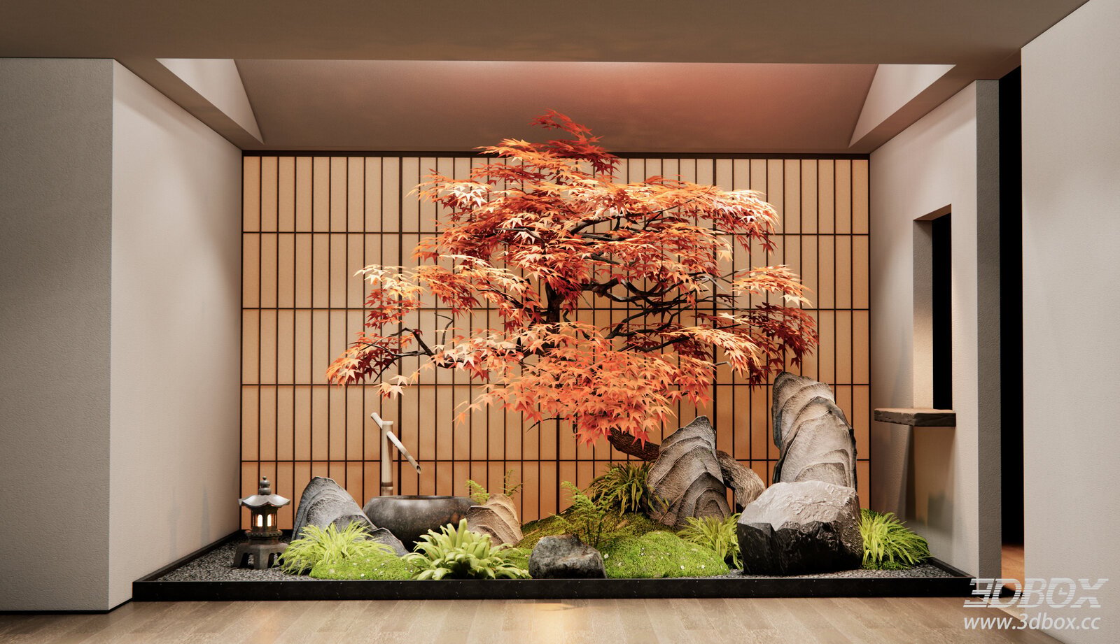 Japanese Style Indoor Zen Garden with Red Maple and Rockery