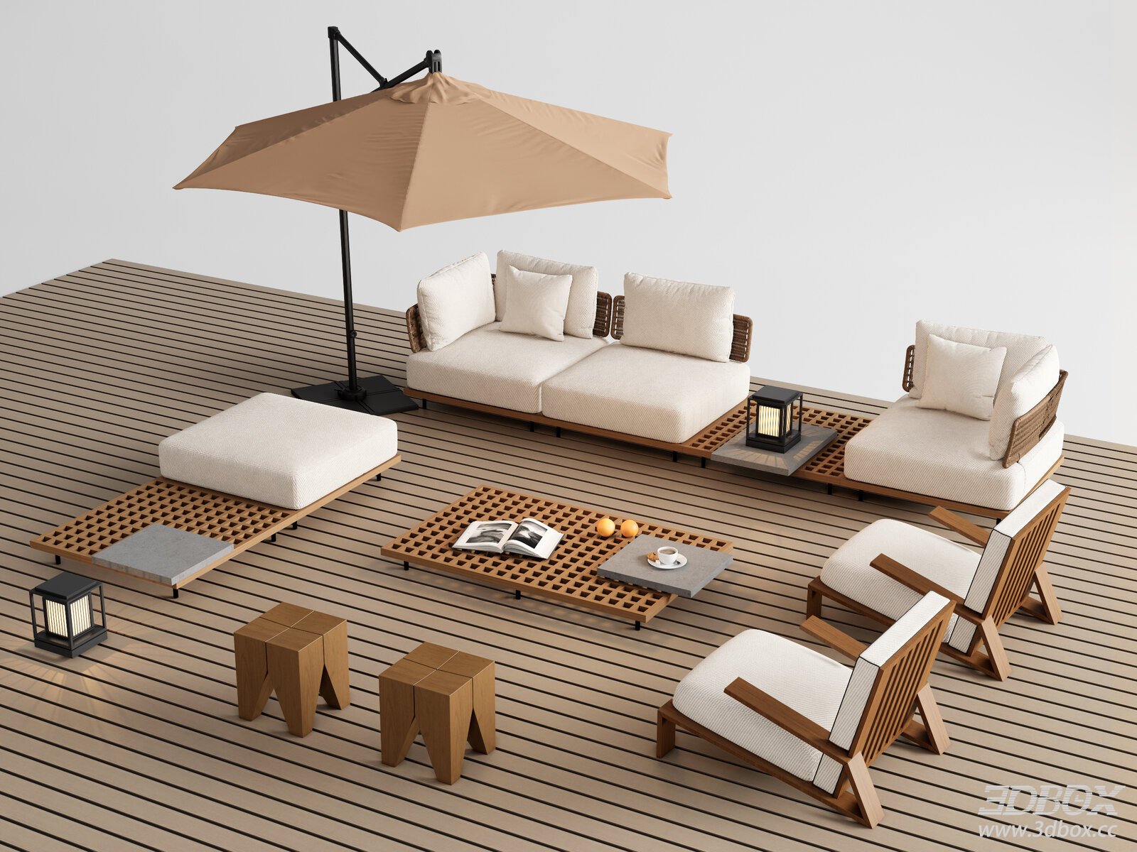 Modern Outdoor Patio Sofa Lounge Set with Teak Wood and Parasol