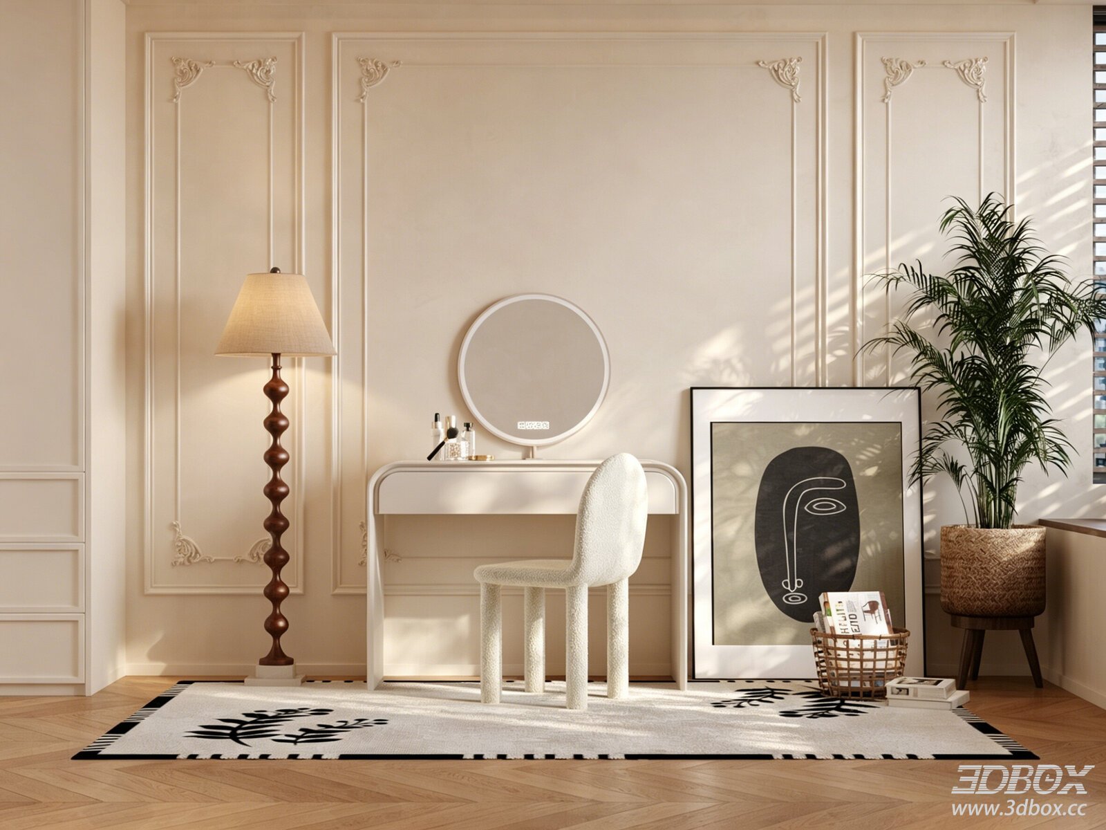 Nordic Cream Style Dressing Table with Boucle Chair Set