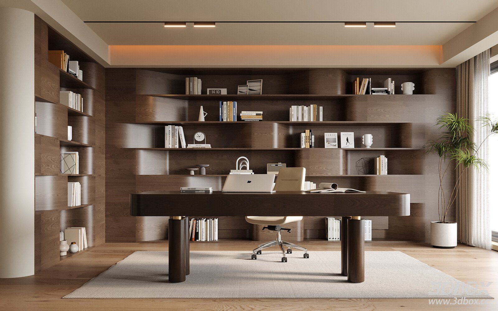 Modern Minimalist Wooden Study Room Workspace with Bookshelf
