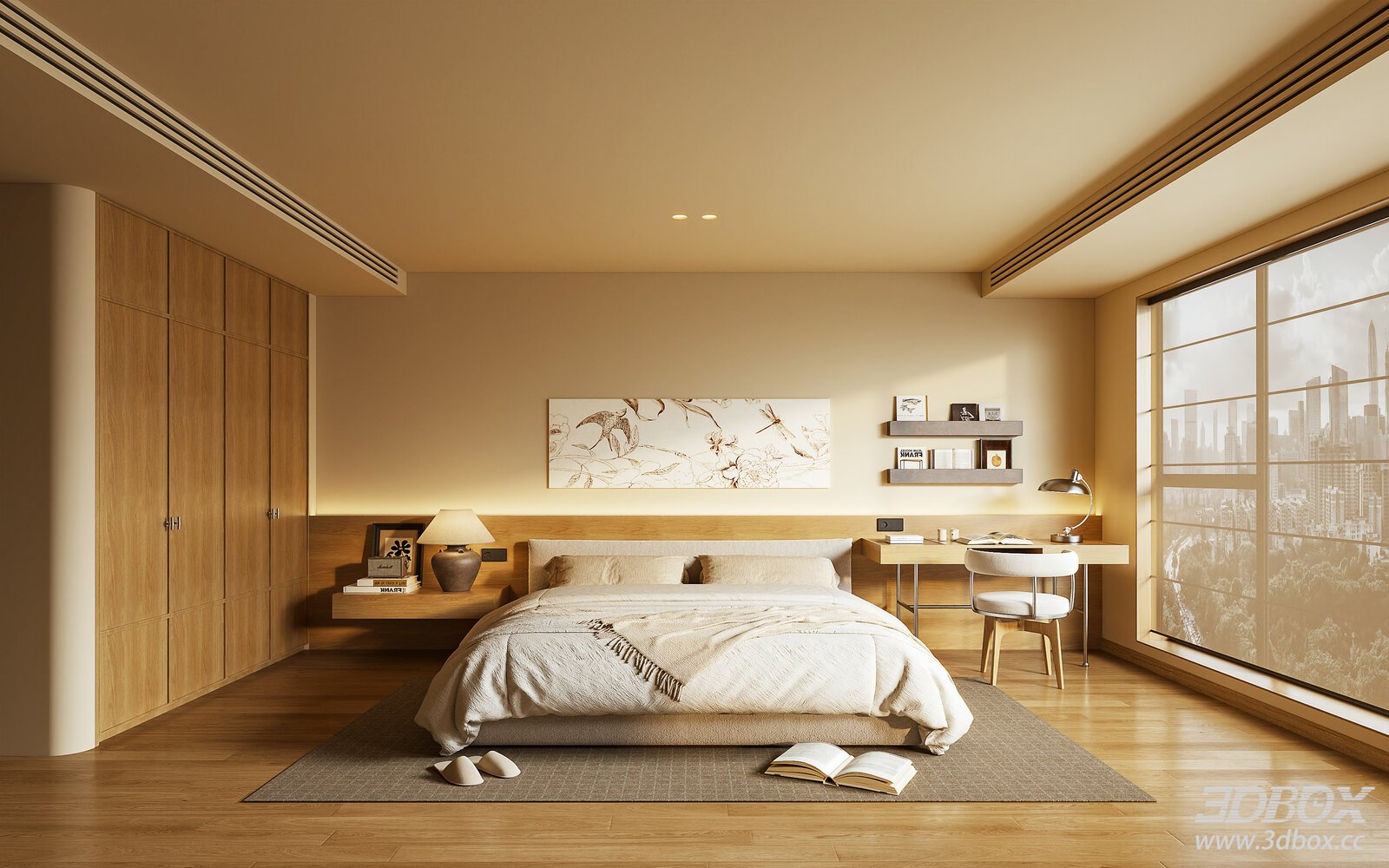 Modern Wooden Style Master Bedroom Interior Scene