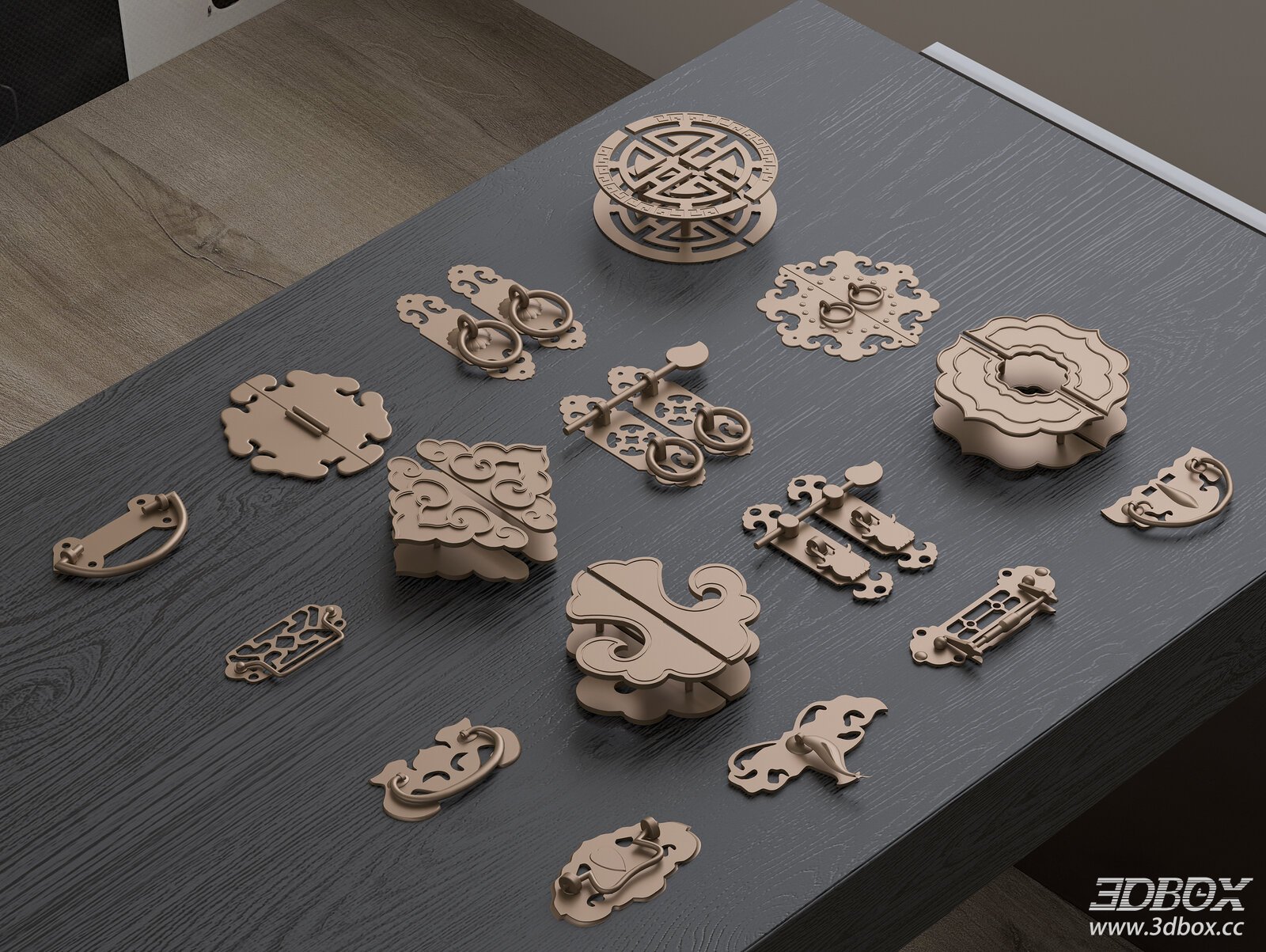 Chinese Style Brass Door and Cabinet Handles Set