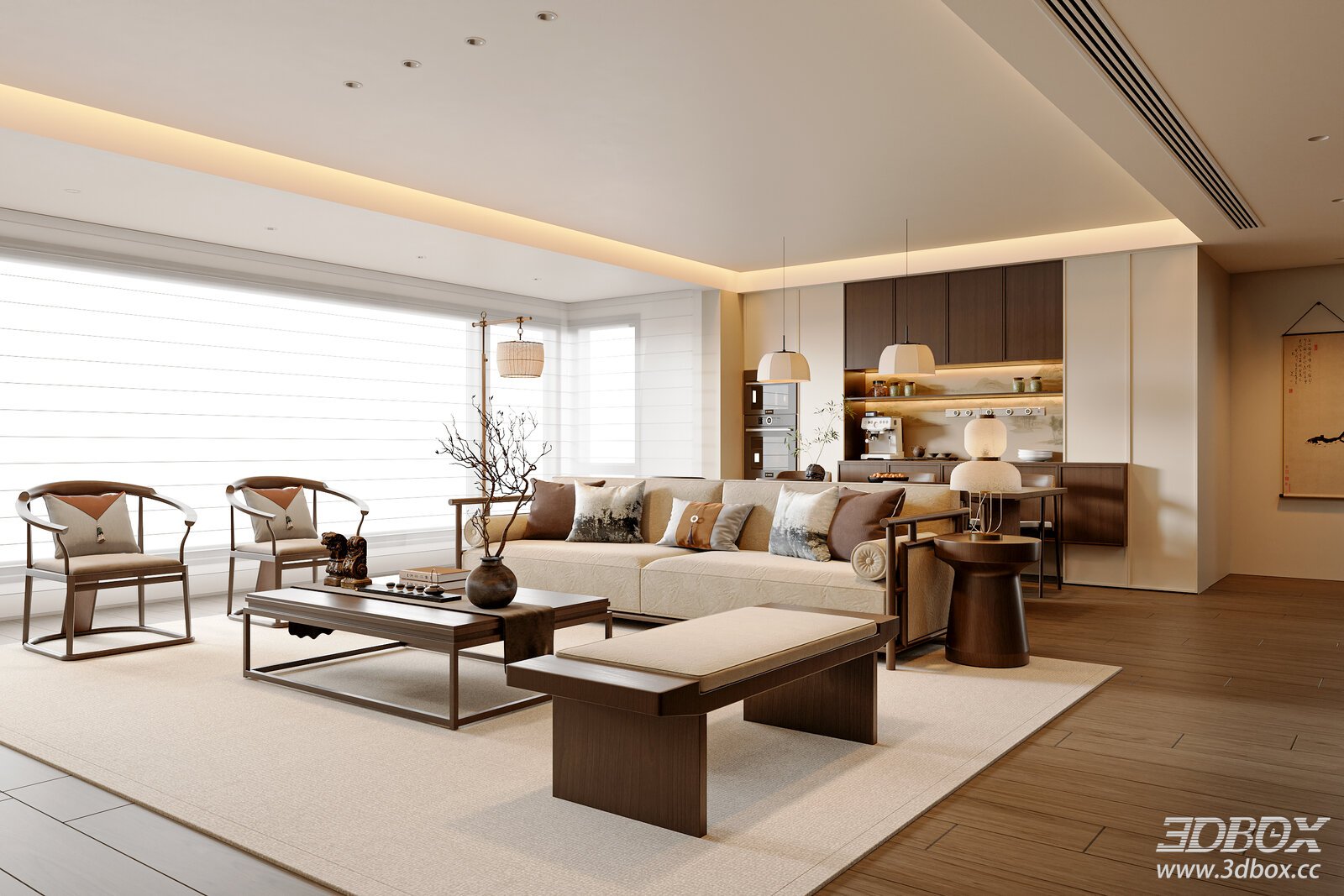 Modern New Chinese Style Living and Dining Room Scene
