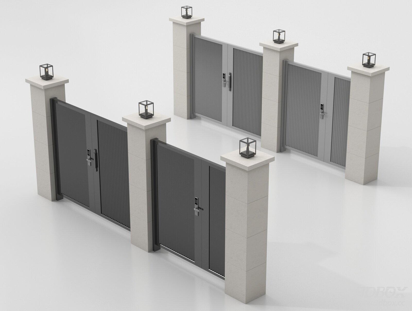 Modern Villa Courtyard Gate Set with Stone Pillars and Outdoor Lamps