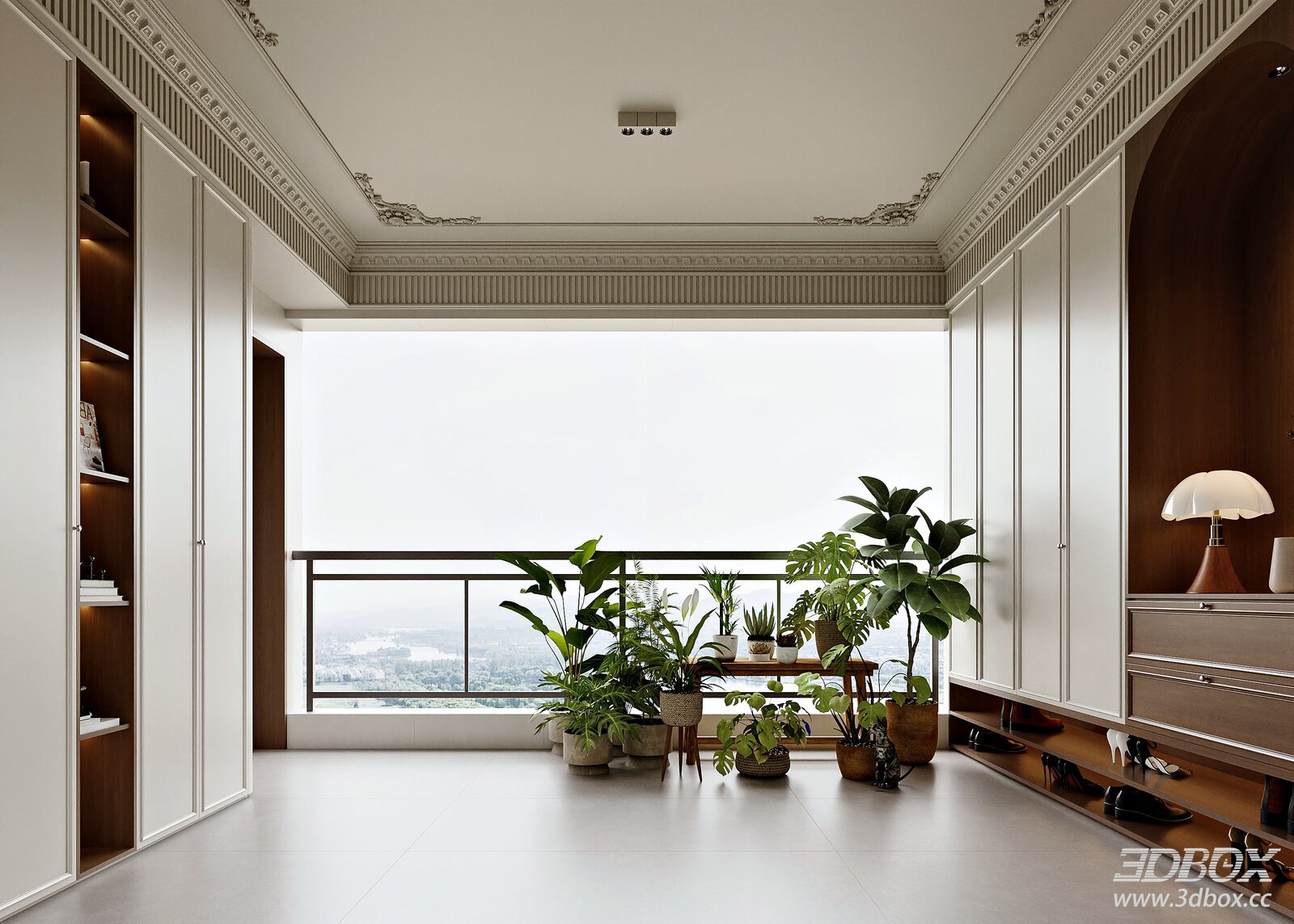 French Style Entry Hallway Scene with Indoor Plants and Wardrobe