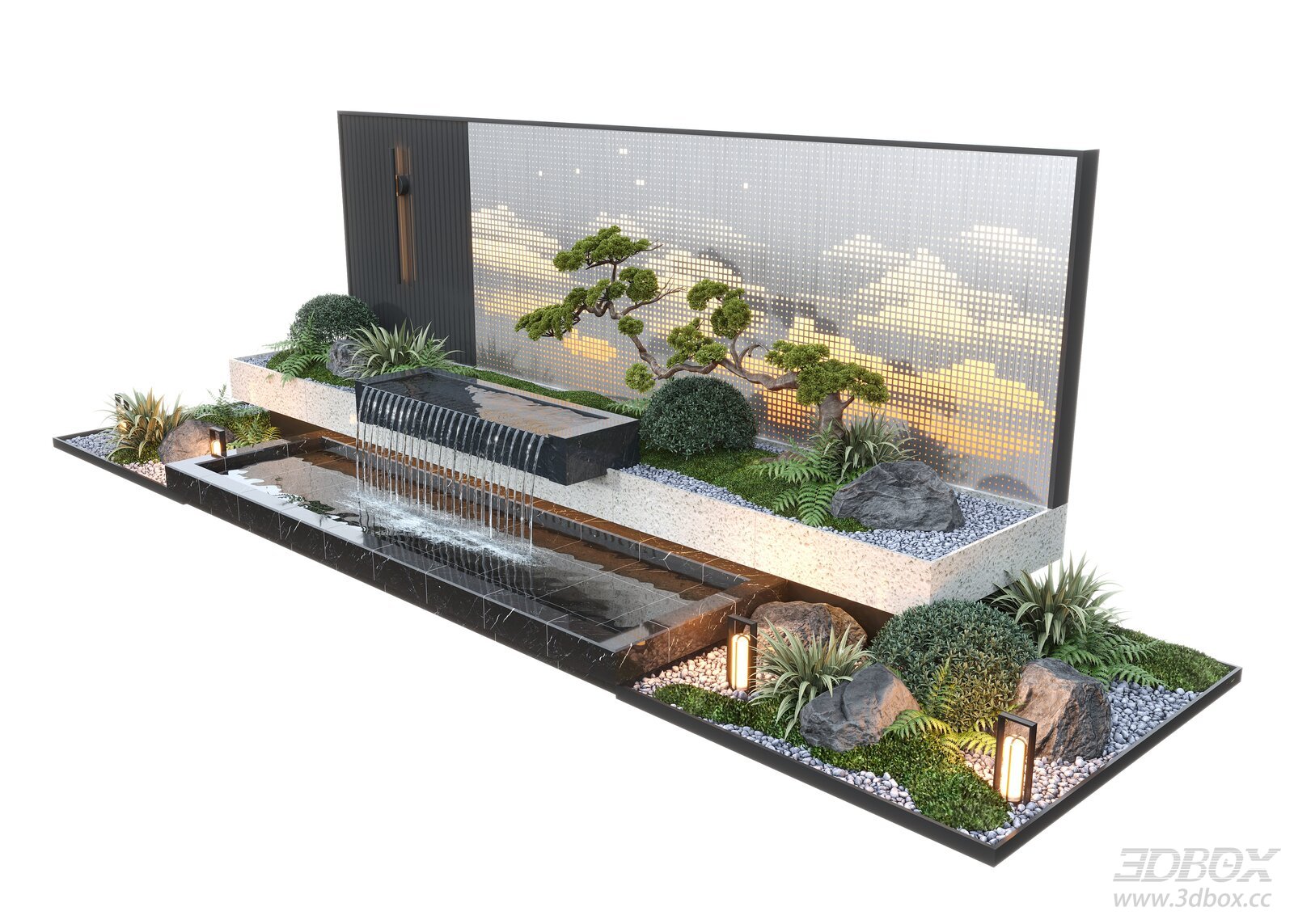 Modern Courtyard Water Feature Wall with Waterfall and Landscape