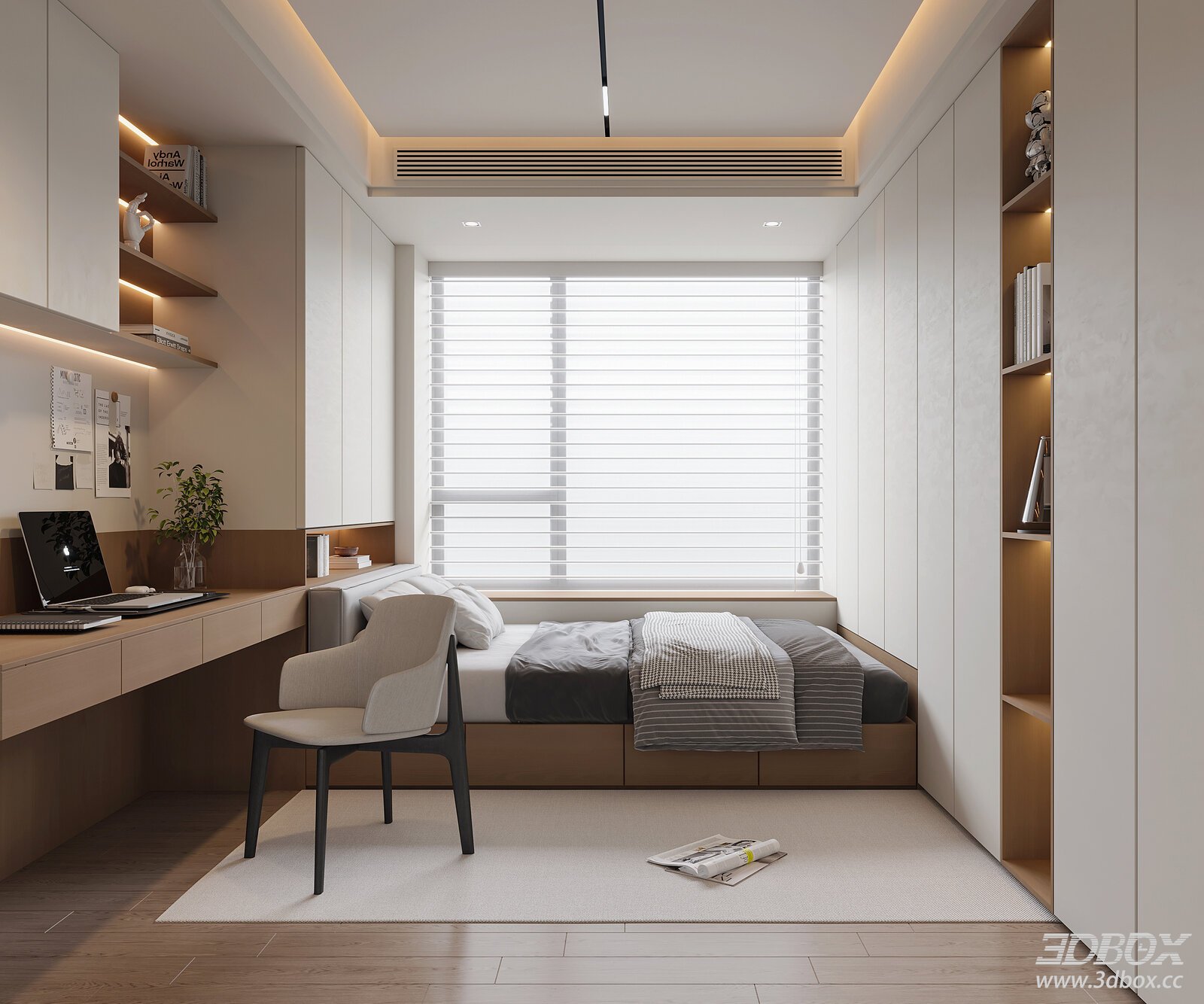 Modern Minimalist Tatami Bedroom with Study Desk and Wardrobe