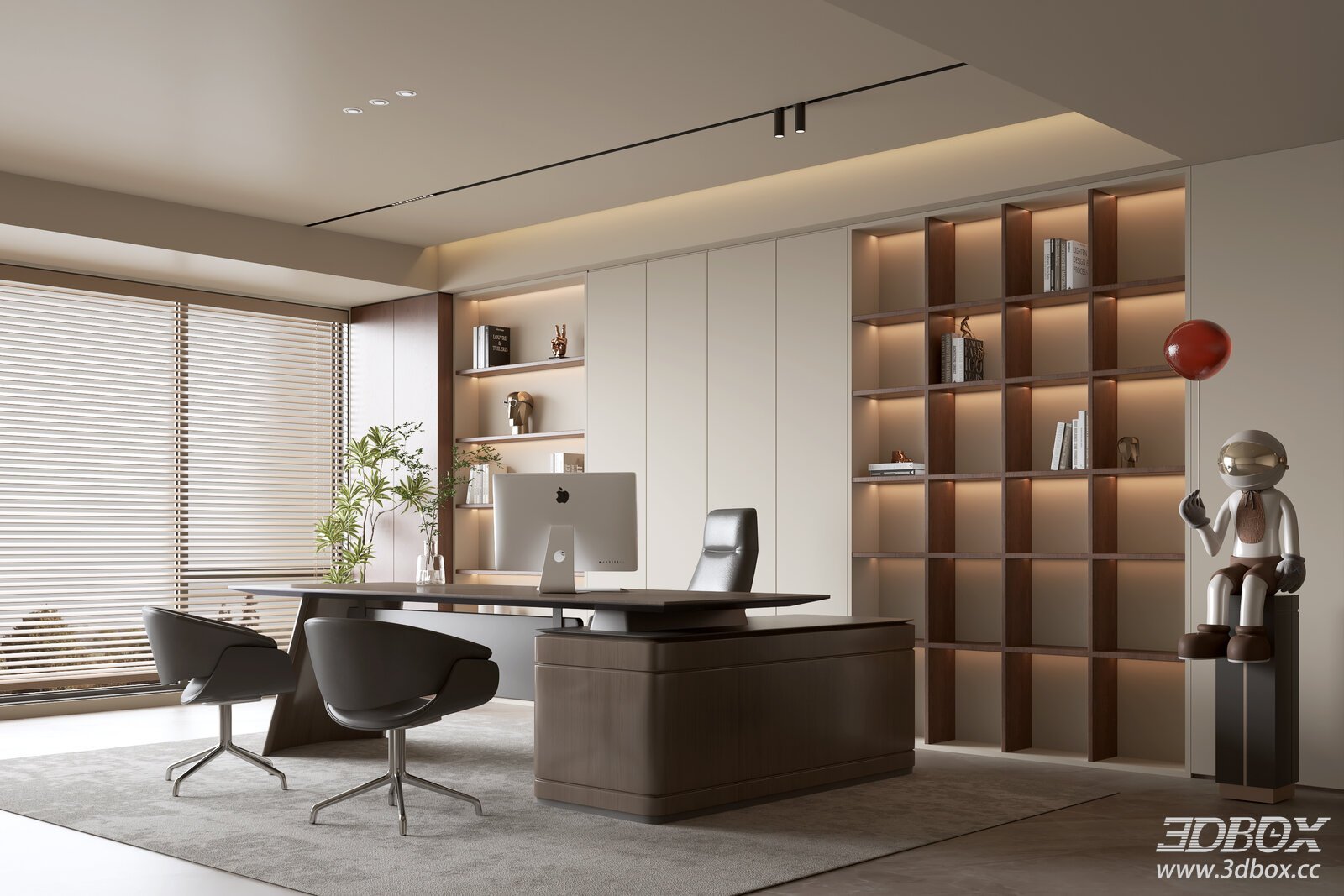 Mid-century Modern Office Room with Wooden Desk and Bookshelf