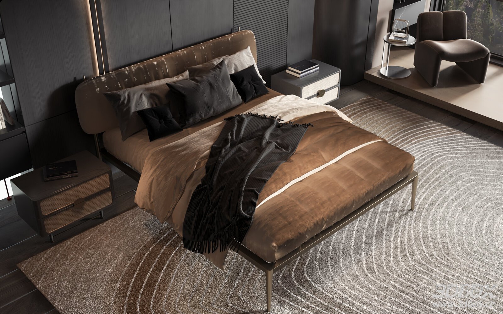 Modern Luxury Minimalist Bedroom Scene with Leather Bed