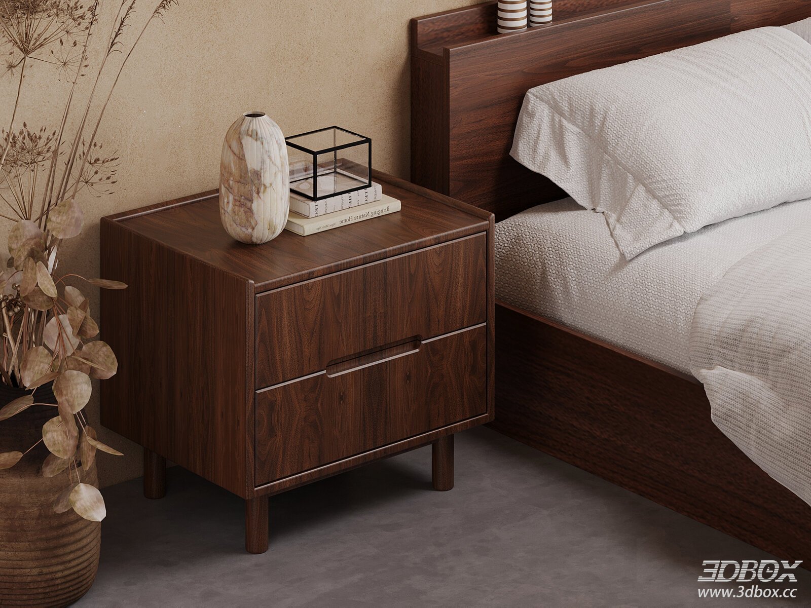 Mid Century Walnut Wood Bedside Nightstand with Drawers
