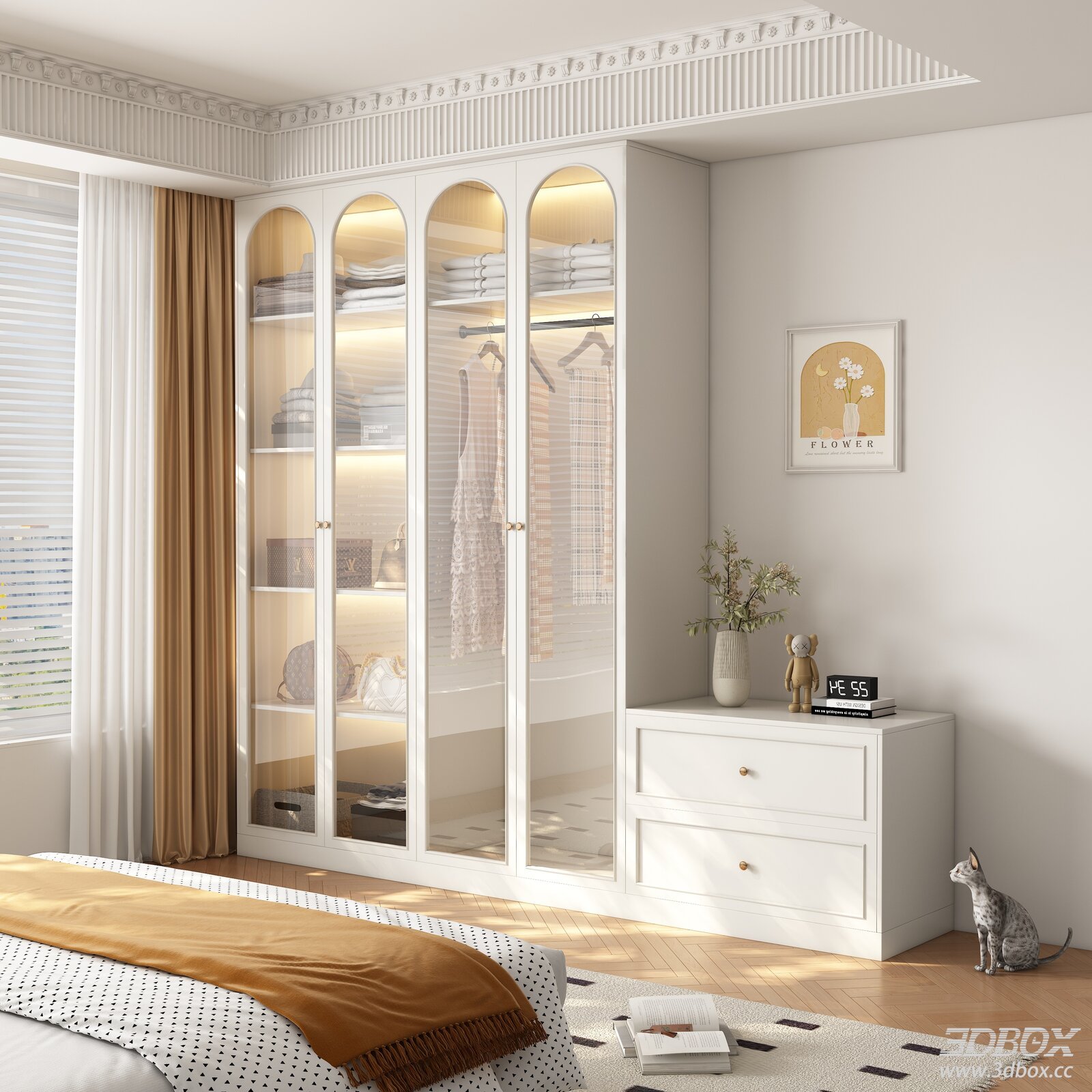 French Cream Style Glass Door Wardrobe for Bedroom