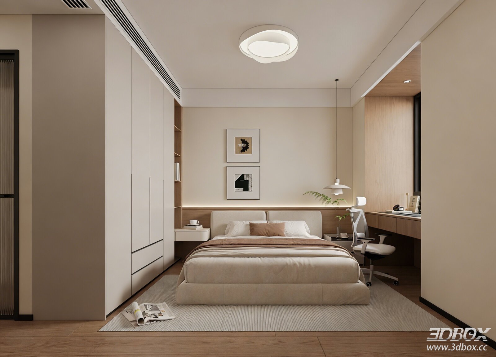 Modern Minimalist Wooden Bedroom with Work Desk