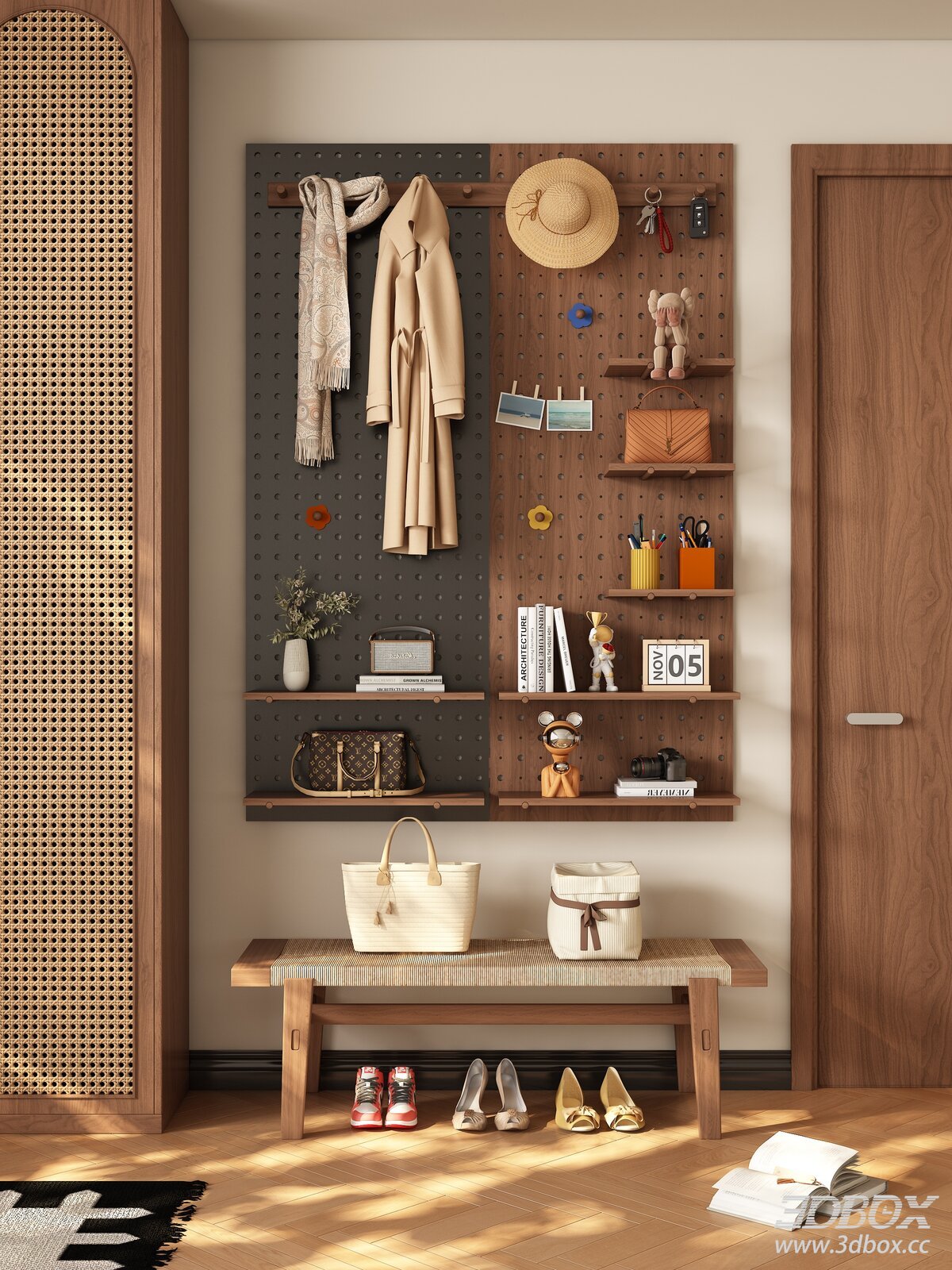 Mid-century Entryway Pegboard with Shoe Bench and Decor
