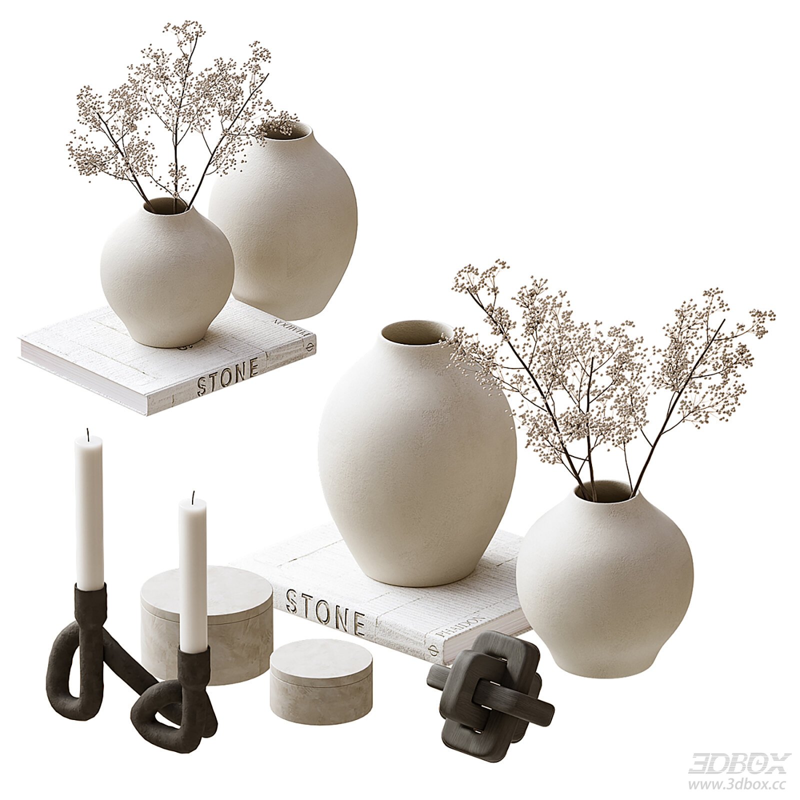 Minimalist Beige Ceramic Vase Decor Set with Dried Flowers and Books
