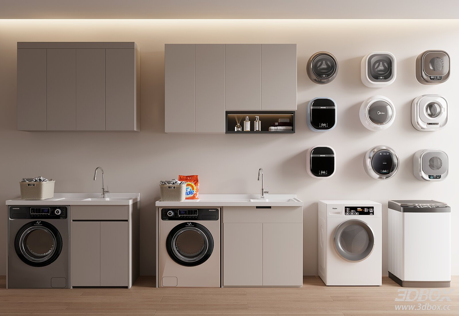 Modern Washing Machine and Laundry Cabinet Set