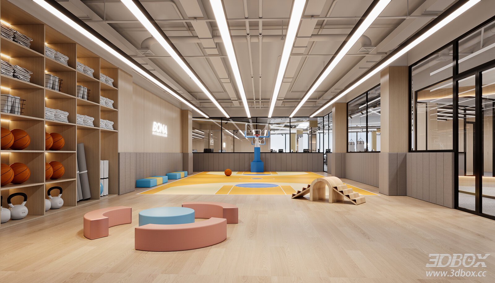 Modern Kids Fitness Gym Interior with Basketball Court