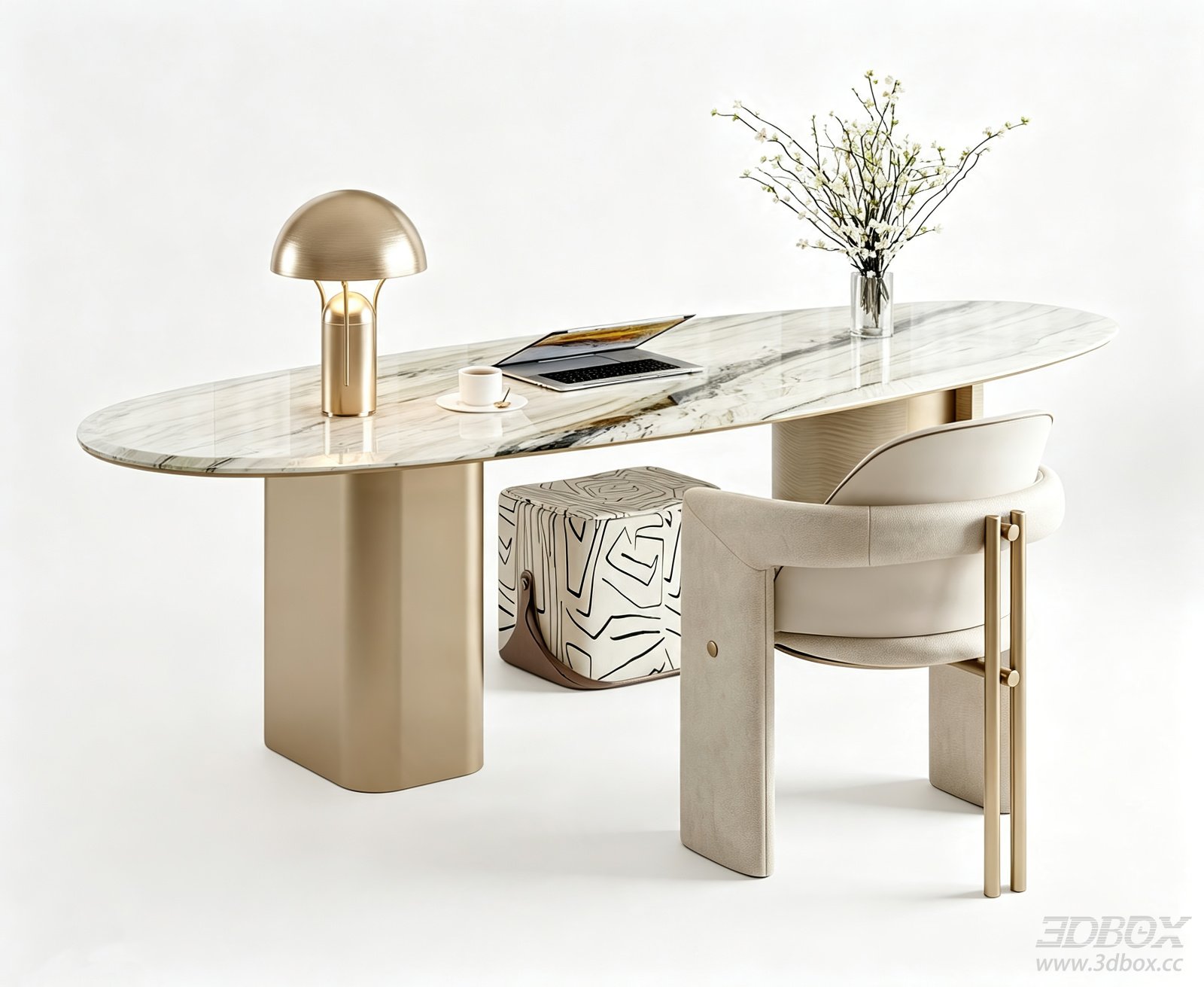 Modern Luxury Marble Desk and Upholstered Chair Set