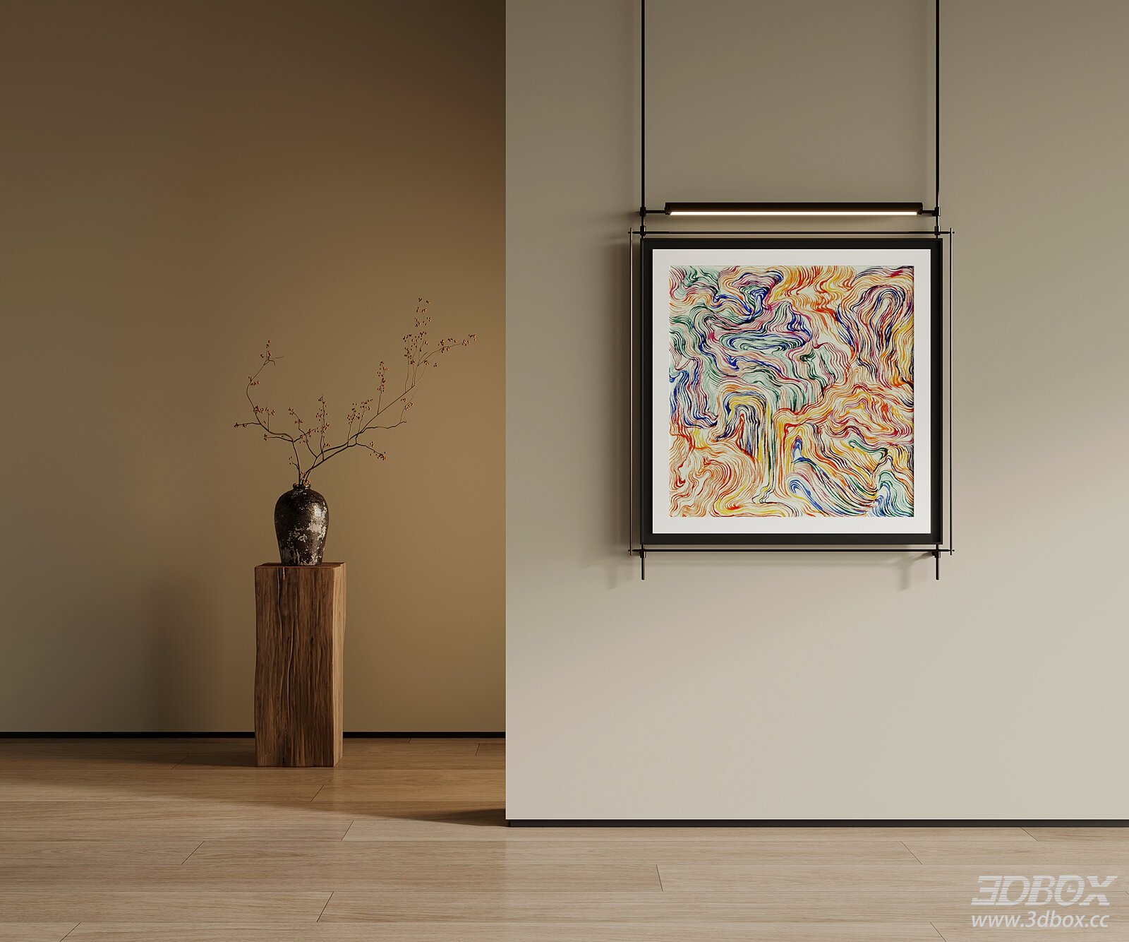 Mid-century Decorative Painting with Dried Bonsai Set