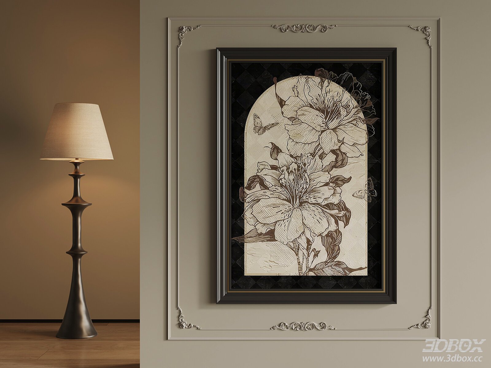Vintage French Style Framed Art and Floor Lamp Set