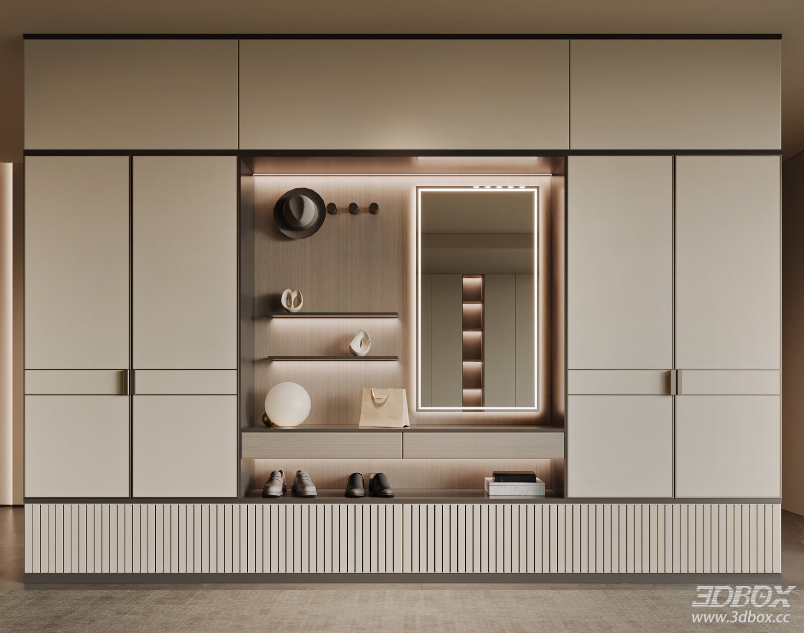 Modern Minimalist Hallway Shoe Cabinet with Mirror and LED Lighting