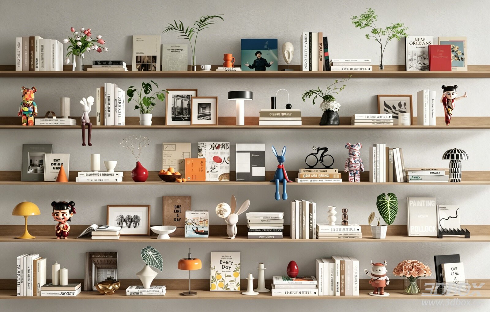 Modern Decorative Set with Books Vases Sculptures and Plants