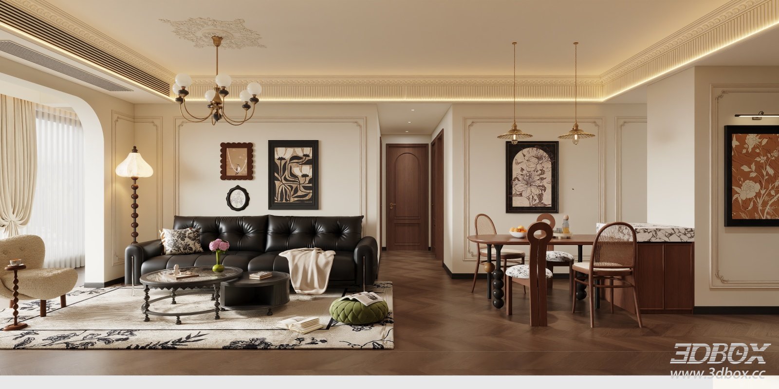 Mid-century French Retro Villa Living and Dining Room Interior