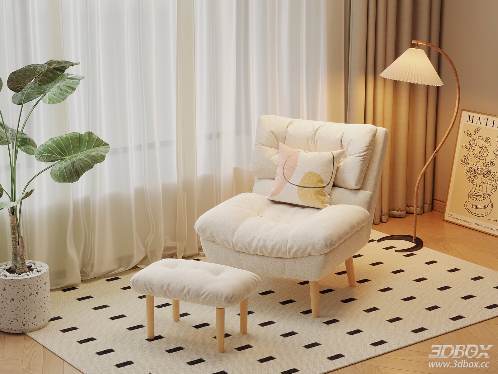 Cream Style Fabric Single Lounge Chair with Ottoman