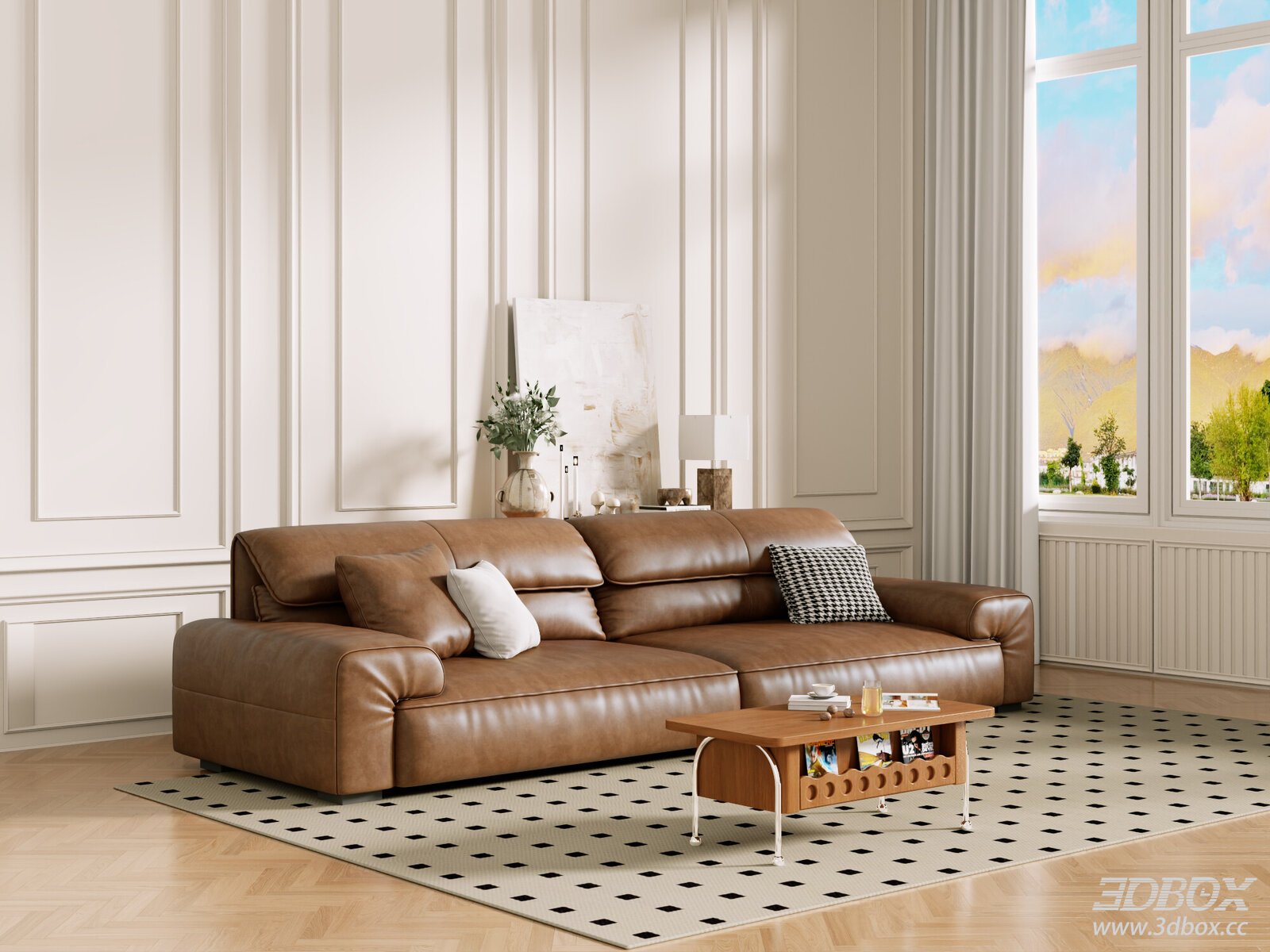 Modern Vintage Leather Sofa Set Living Room Scene