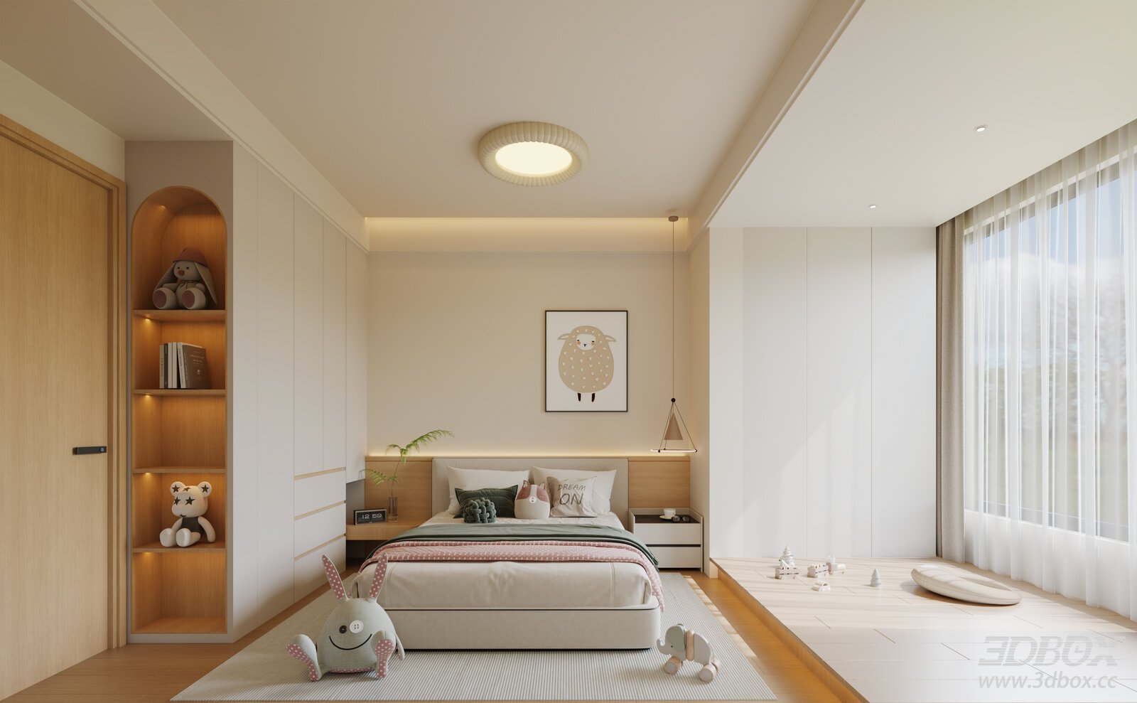Cream Style Wooden Kids Bedroom Interior Scene