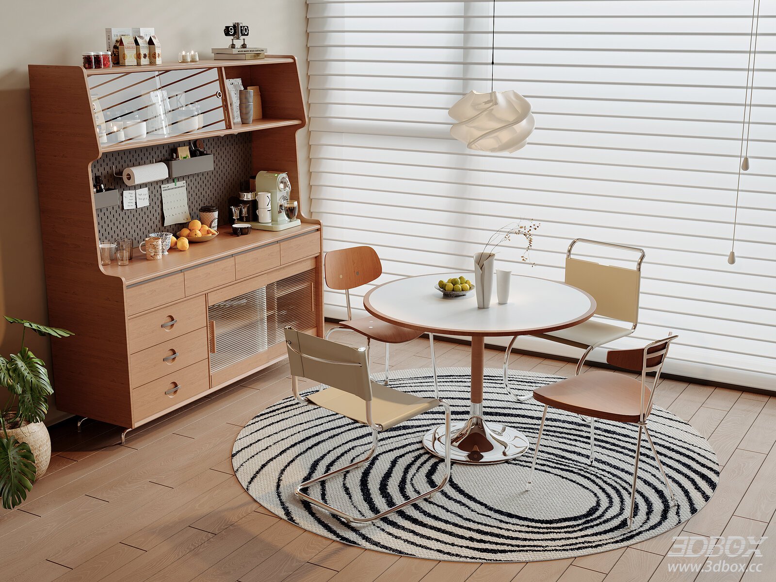 Mid-century Modern Dining Room with Sideboard and Round Table