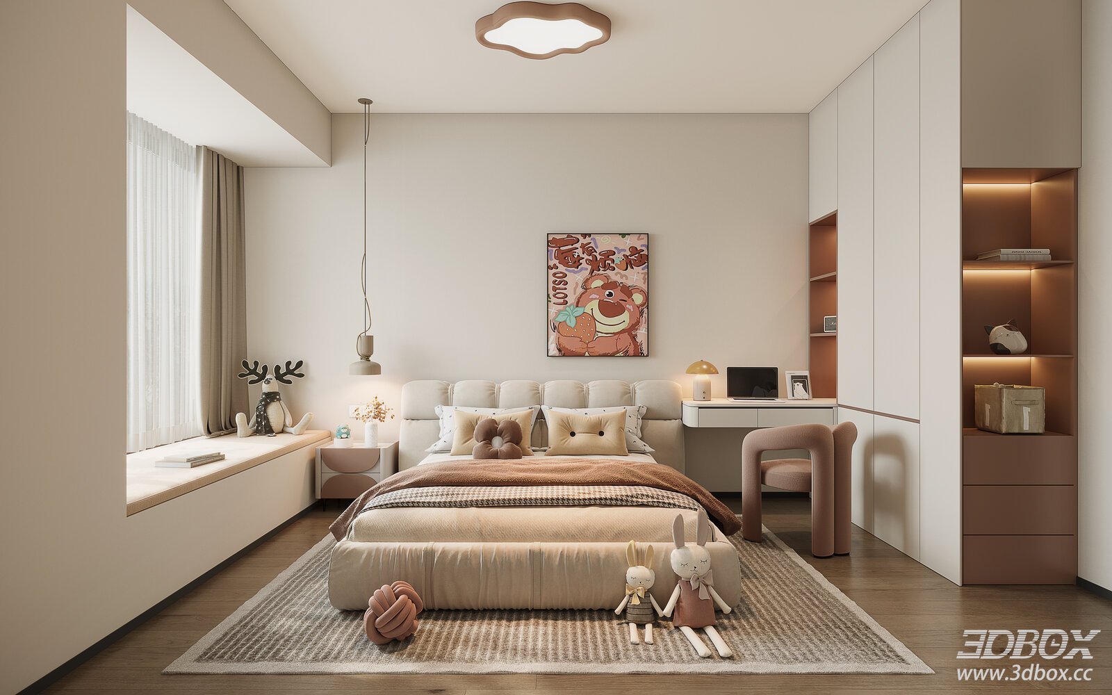 Modern Cream Style Girl Kids Bedroom Interior Scene