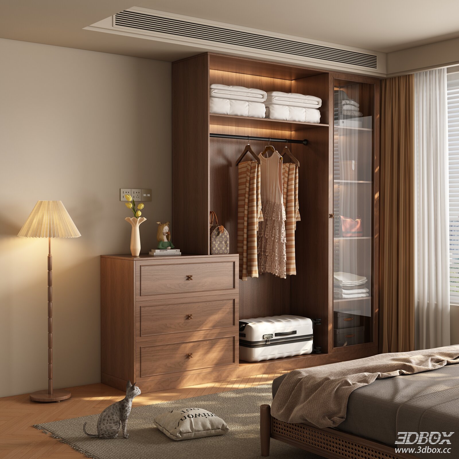 Mid Century Modern Wooden Wardrobe with Glass Door