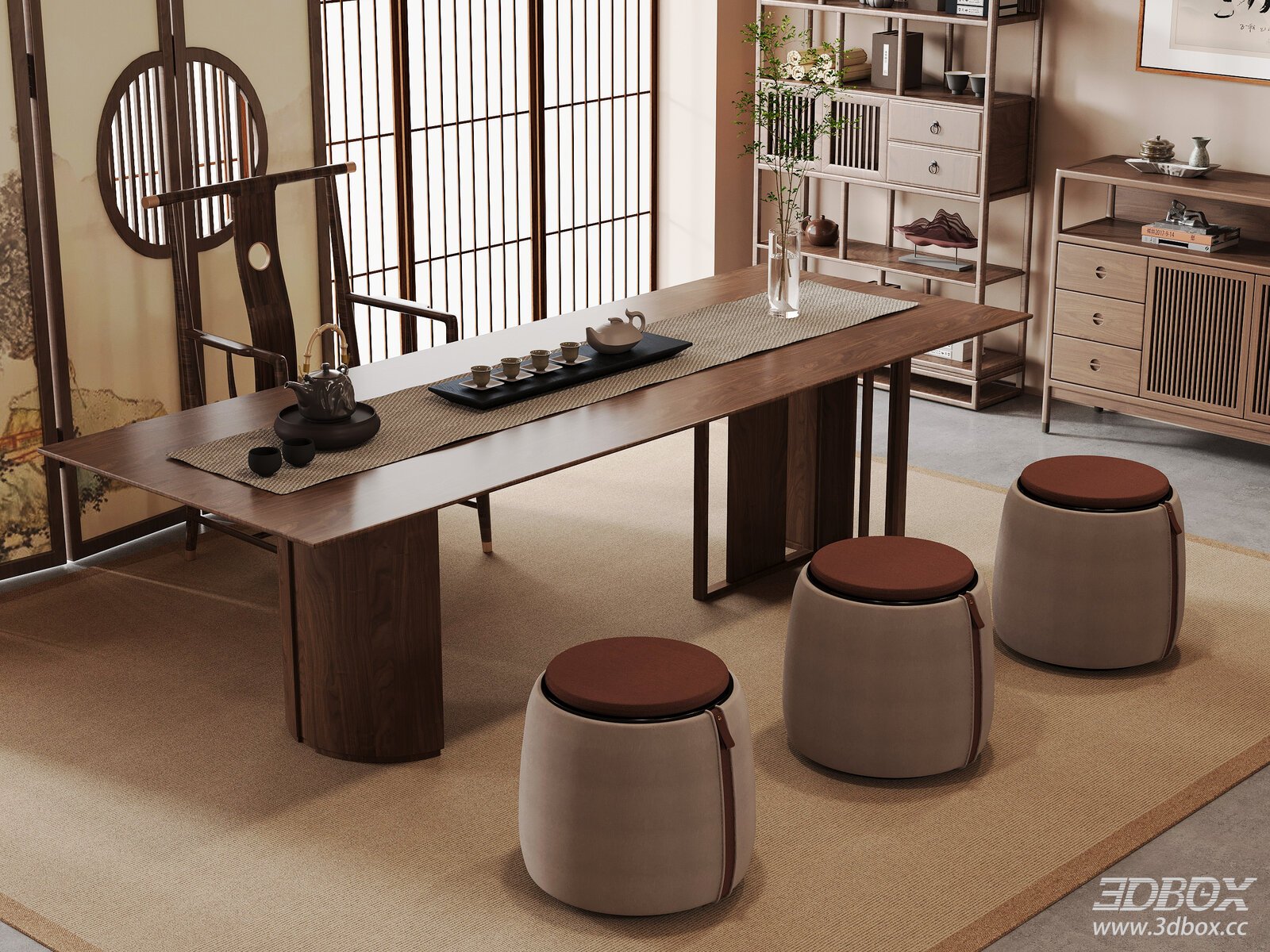 New Chinese Style Tea Room with Wooden Tea Table and Seats