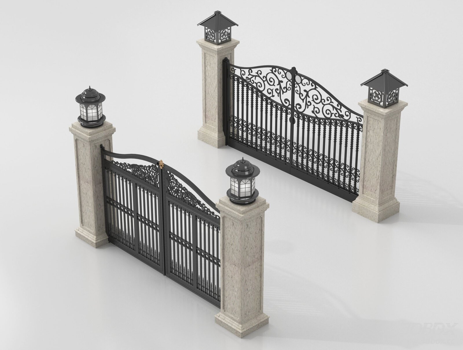 European Wrought Iron Courtyard Gate with Stone Pillars