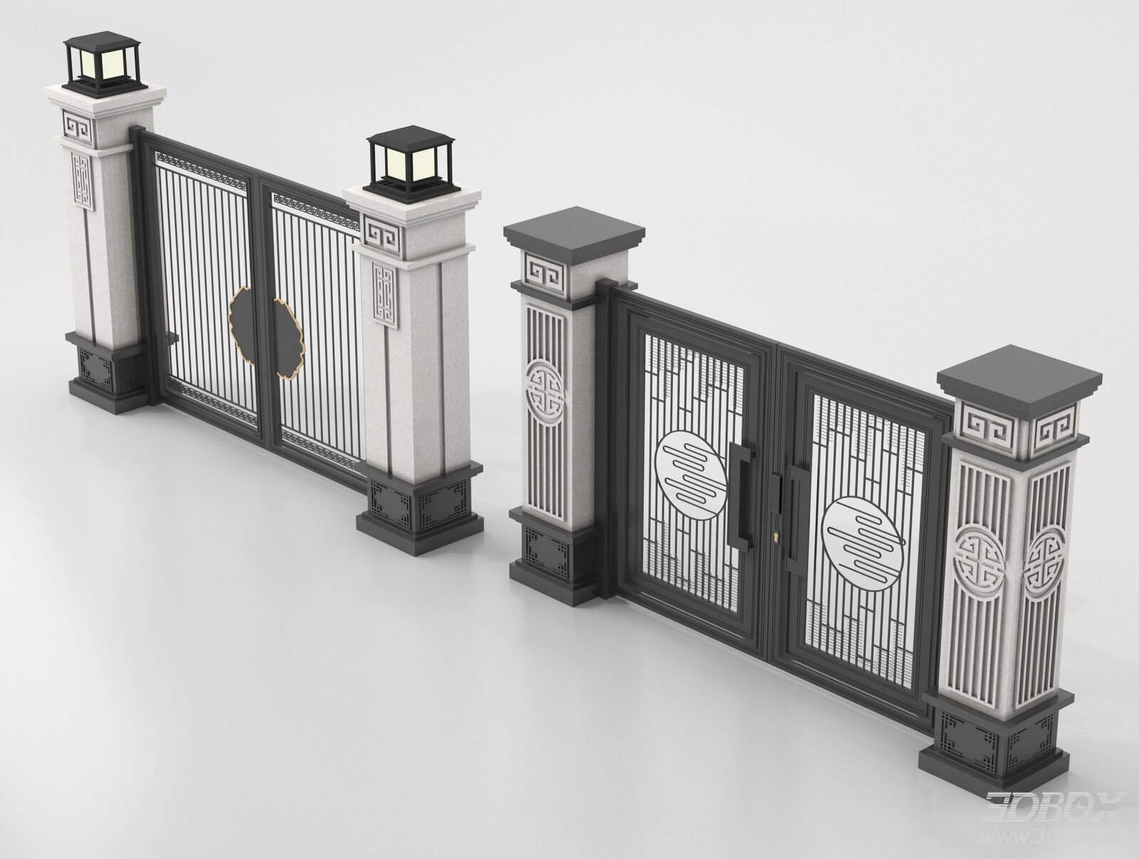 New Chinese Style Villa Courtyard Iron Gate with Stone Pillars