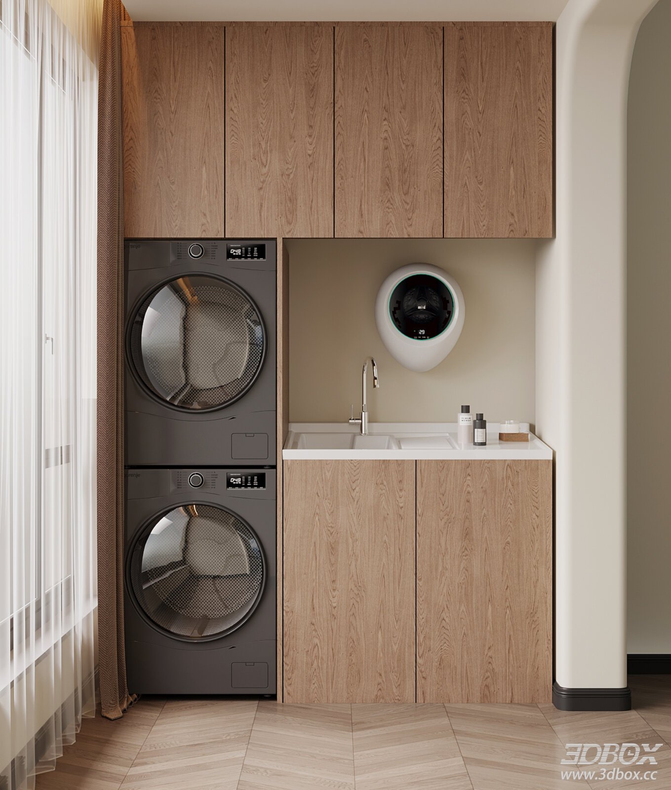 Mid-century Modern Wooden Laundry Cabinet with Washing Machines