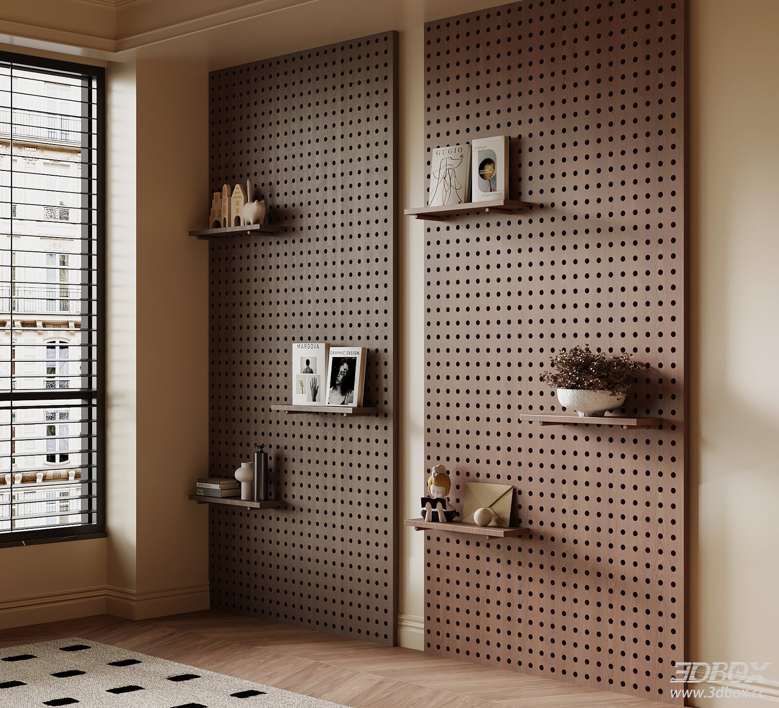 Mid Century Modern Wooden Wall Mounted Pegboard Display Shelf