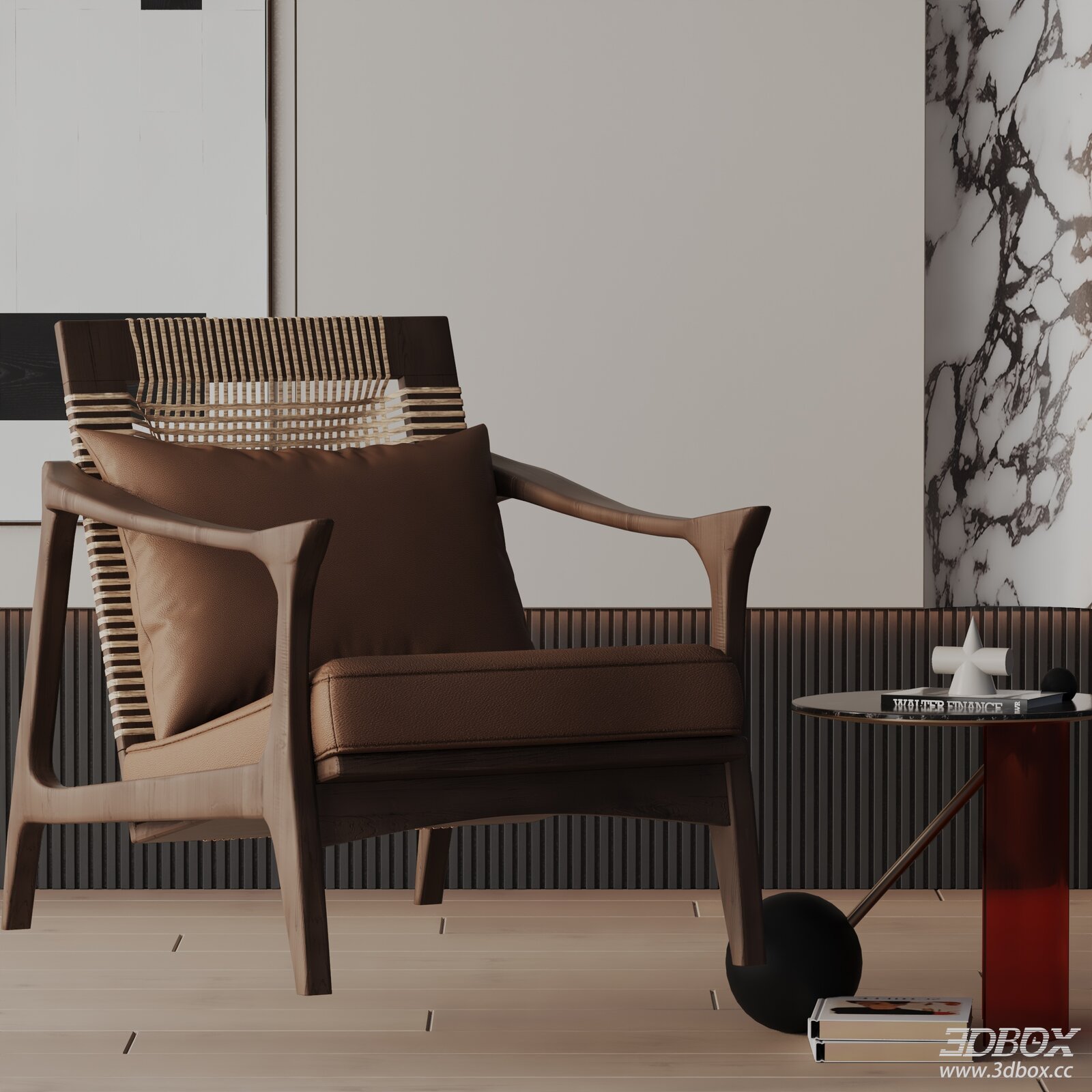 Modern Wooden Leather Armchair with Woven Rattan Back