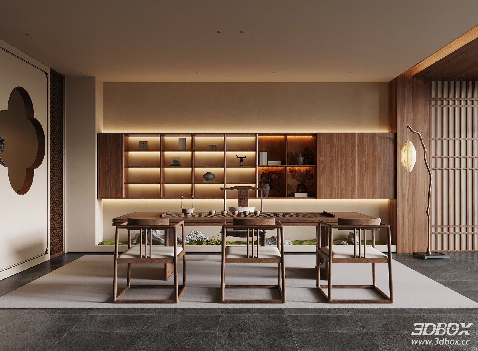 New Chinese Style Zen Tea Room Interior Scene