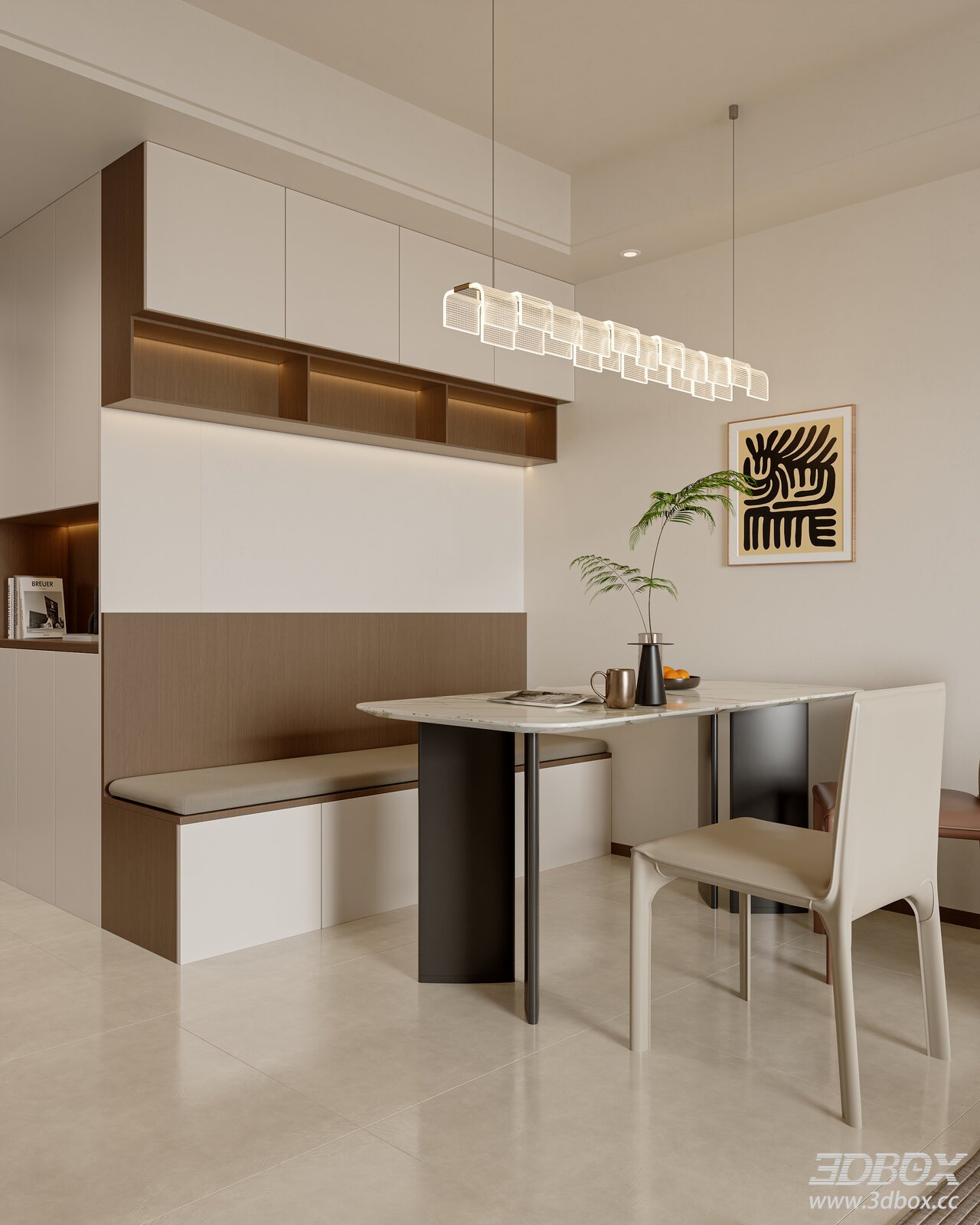 Modern Minimalist Dining Room with Marble Table and Built-in Bench
