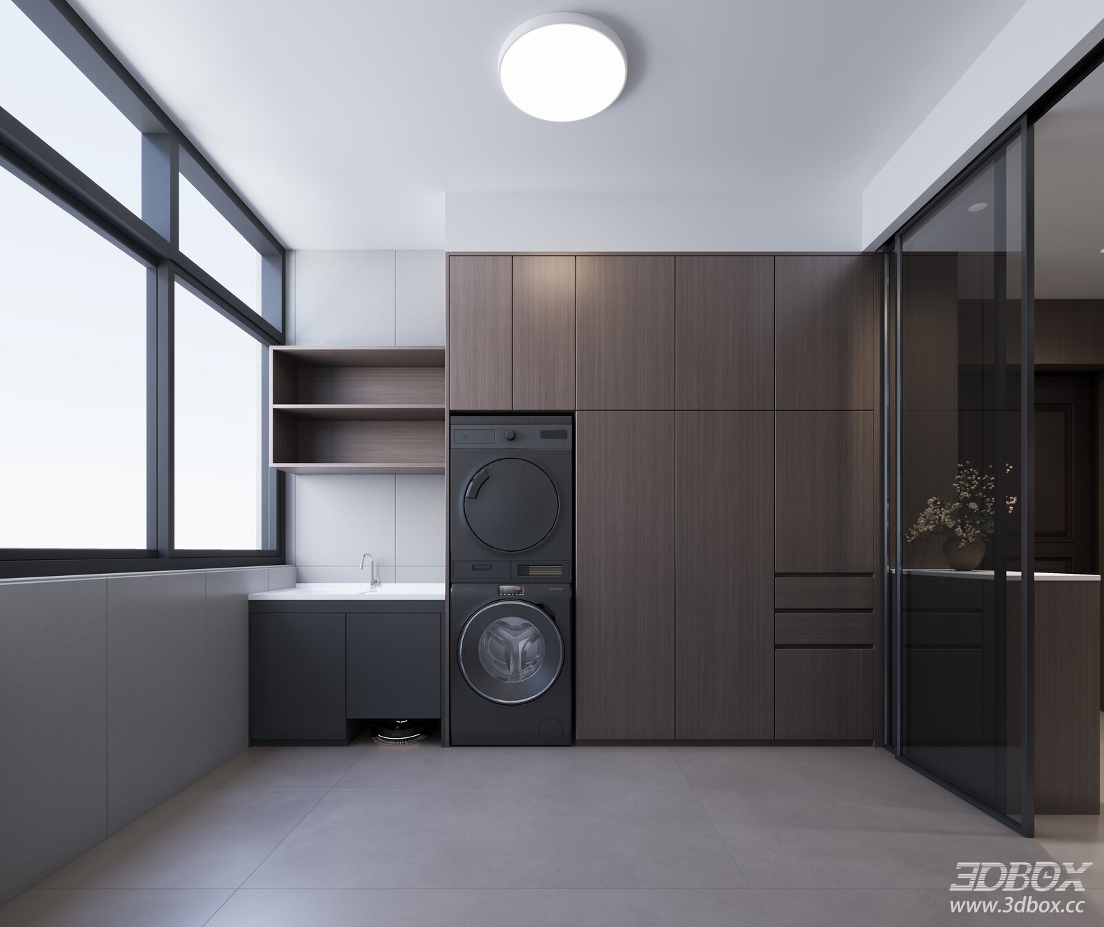 Modern Minimalist Laundry Room Interior with Wooden Cabinets