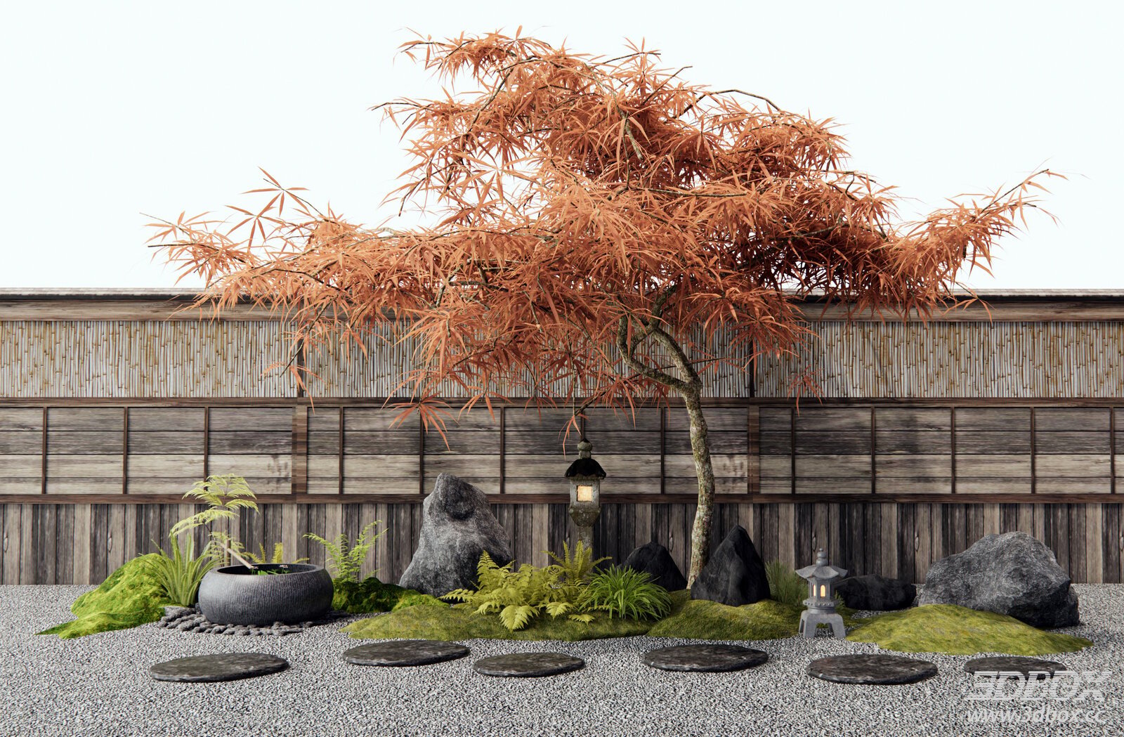 Japanese Zen Garden Landscape Set Red Maple Stone Lantern
